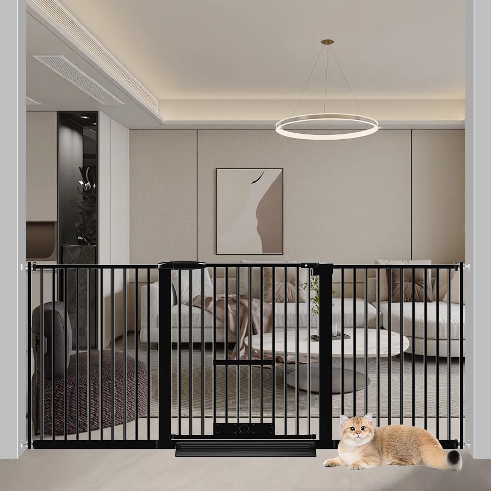 【送料無料】Seogva ペットゲート 3.5cm柵間隔 ペットドア付き 高さ78cm ペットゲート 犬 猫 ゲート ブラック ホワイト 猫用ゲート 過密フレーム付き 猫 ゲート 犬すり抜け防止フェンス つっぱり 扉付き 赤ちゃん ベビーゲート 突っ張り式 自動ロック 階段上 （設置幅17
