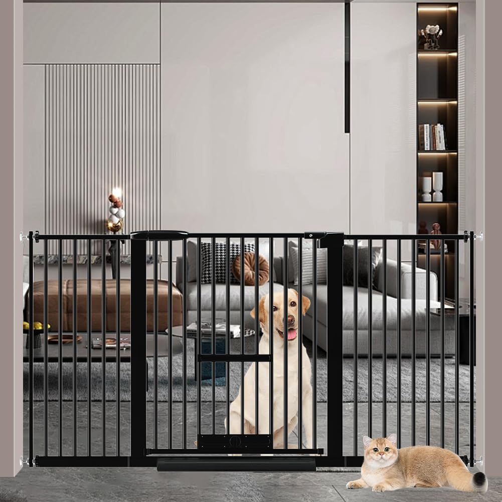 【送料無料】Seogva ペットゲート 3.5cm柵間隔 ペットドア付き 高さ78cm ペットゲート 犬 猫 ゲート ブラック ホワイト 猫用ゲート 過密フレーム付き 猫 ゲート 犬すり抜け防止フェンス つっぱり 扉付き 赤ちゃん ベビーゲート 突っ張り式 自動ロック 階段上 （設置幅14