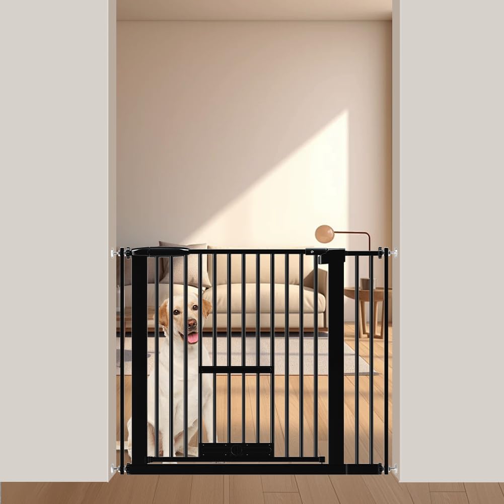 【送料無料】Seogva ペットゲート 3.5cm柵間隔 ペットドア付き 高さ78cm ペットゲート 犬 猫 ゲート ブラック ホワイト 猫用ゲート 過密フレーム付き 猫 ゲート 犬すり抜け防止フェンス つっぱり 扉付き 赤ちゃん ベビーゲート 突っ張り式 自動ロック 階段上 （設置幅86