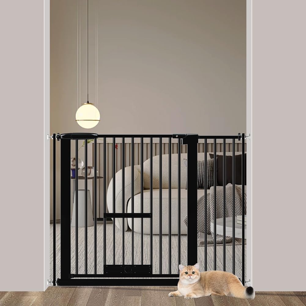【送料無料】Seogva ペットゲート 3.5cm柵間隔 ペットドア付き 高さ78cm ペットゲート 犬 猫 ゲート ブラック ホワイト 猫用ゲート 過密フレーム付き 猫 ゲート 犬すり抜け防止フェンス つっぱり 扉付き 赤ちゃん ベビーゲート 突っ張り式 自動ロック 階段上 （設置幅96