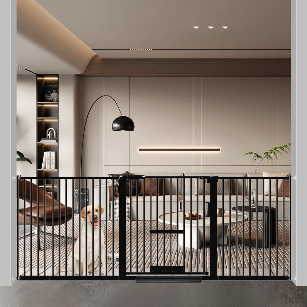 【送料無料】Seogva ペットゲート 3.5cm柵間隔 ペットドア付き 高さ78cm ペットゲート 犬 猫 ゲート ブラック ホワイト 猫用ゲート 過密フレーム付き 猫 ゲート 犬すり抜け防止フェンス つっぱり 扉付き 赤ちゃん ベビーゲート 突っ張り式 自動ロック 階段上 （設置幅19