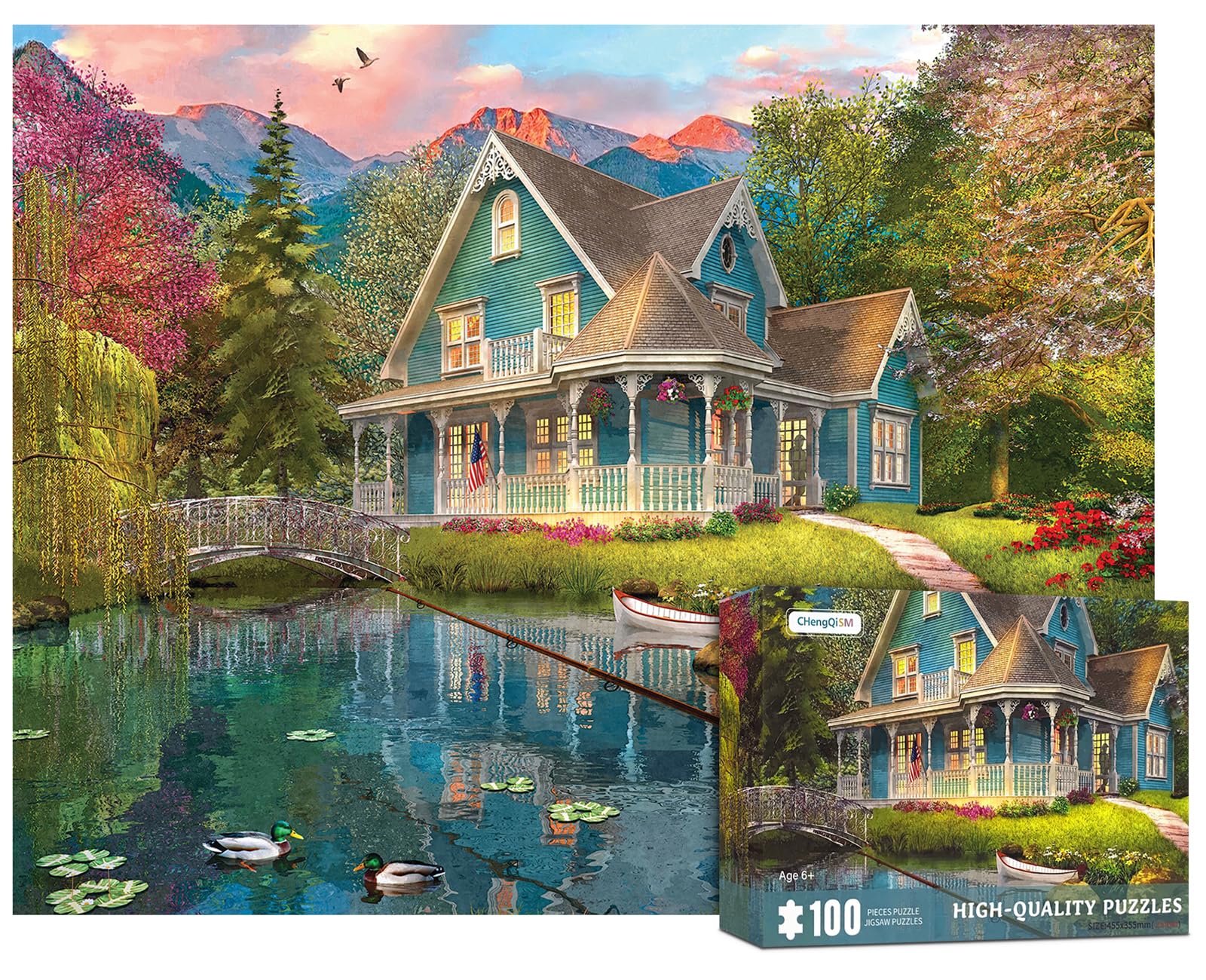 【送料無料】CHengQiSM 100ピース ジグソーパズル ラージピース 第一視点釣り 湖畔のリゾートハウス 10..