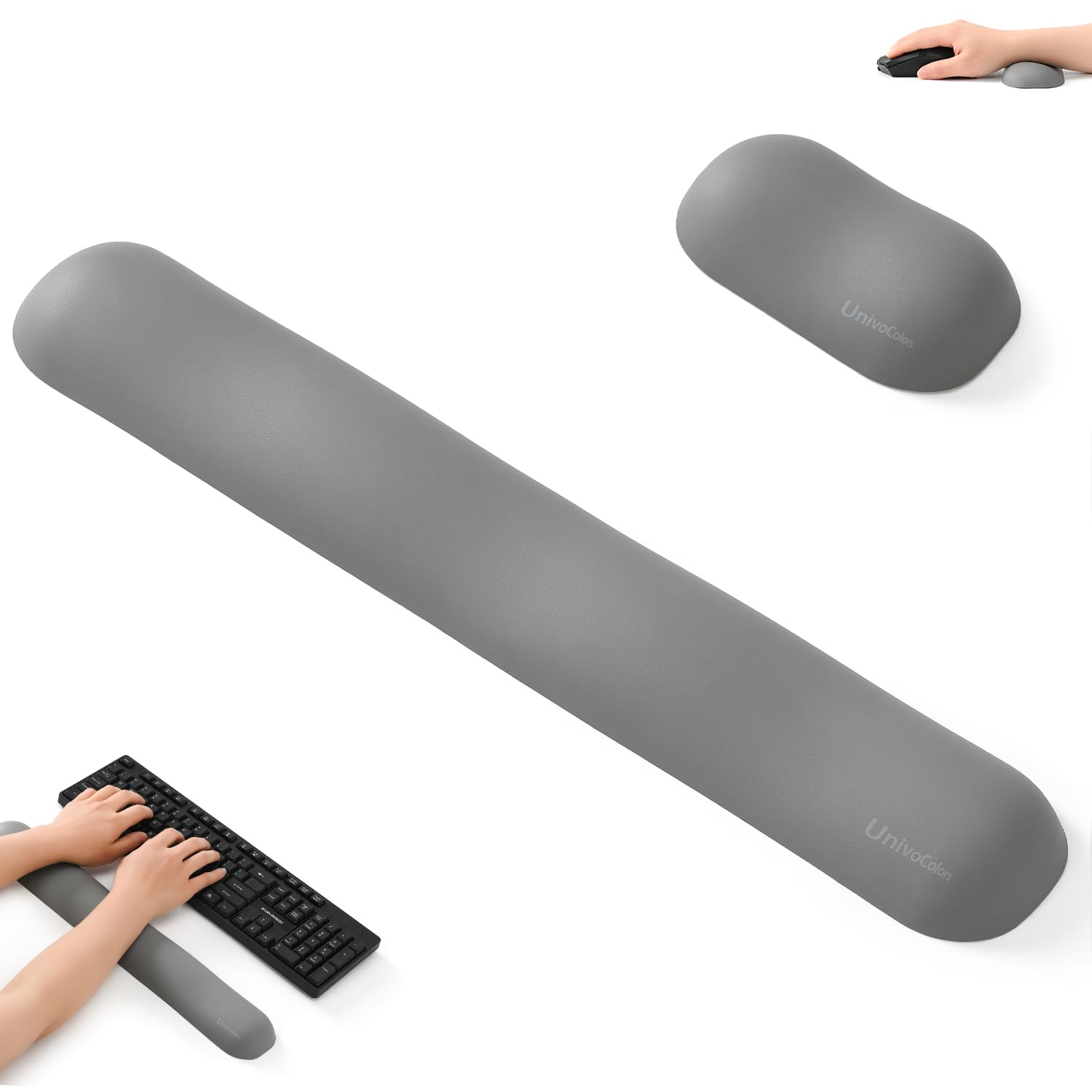 【送料無料】UnivoColors 低反発素材マウス&キーボードリストレスト 手首サポート プレミアムPU素材 ノートパソコン、フルサイズキーボードにフィット 疲労低減 体圧分散性能 手首痛み緩和 底面に滑り止め PCゲーム&オフィスワークに最適(グレー,kw)