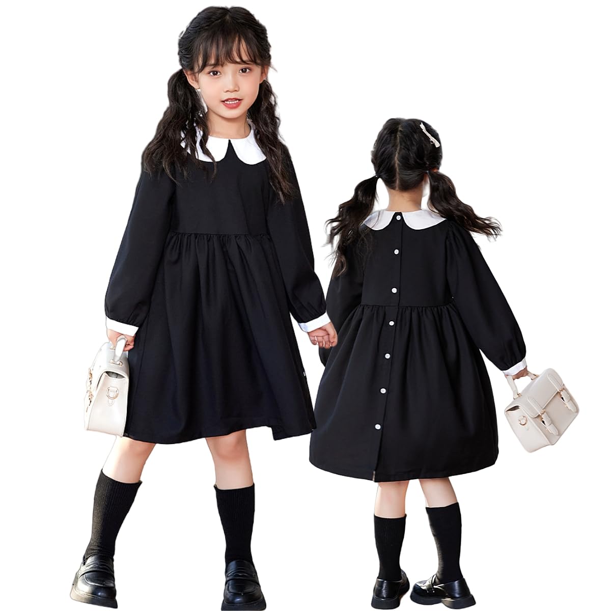 【送料無料】[VNGOLERRY] ワンピース フォーマル 女の子 ガールズ キッズ チュニック 丸襟 白襟付き 子供服 フレア 黒 ドレス 子供 入学式 卒業式 発表会 演奏会 冠婚葬祭 90 100 110 120 130 140 (JP, 身長, 120, ブラック)