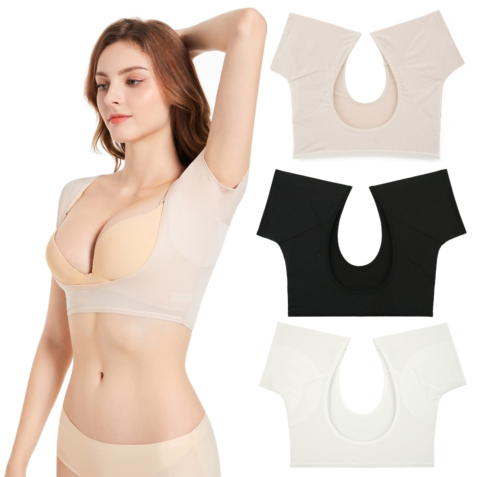 【送料無料】[VAVIICLO] レディース メッシュシャツ 汗取りインナー 脇汗パッド付 半袖 吸汗速乾 抗菌防臭 胸元セクシーデザイン 背中開き 快適インナー メッシュ生地 (S, (ペールベージュ+ホワイト+ブラック) 3色セット)