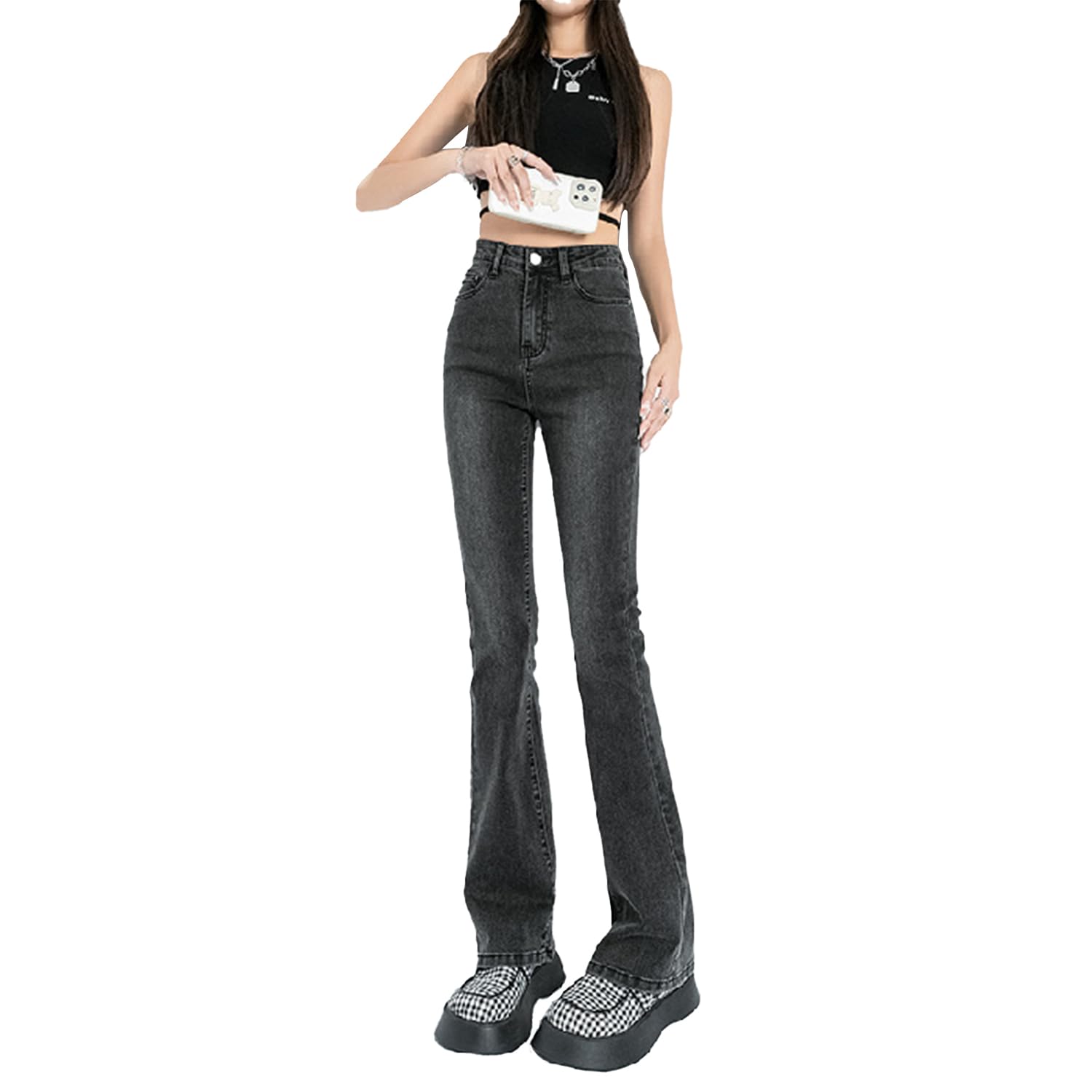 【送料無料】[VYOOU] ジーンズ フレアパンツ デニムパンツ レディース ロングパンツ ハイウエスト スリット入り 美脚 美尻 弾力性 （グレー，XS）