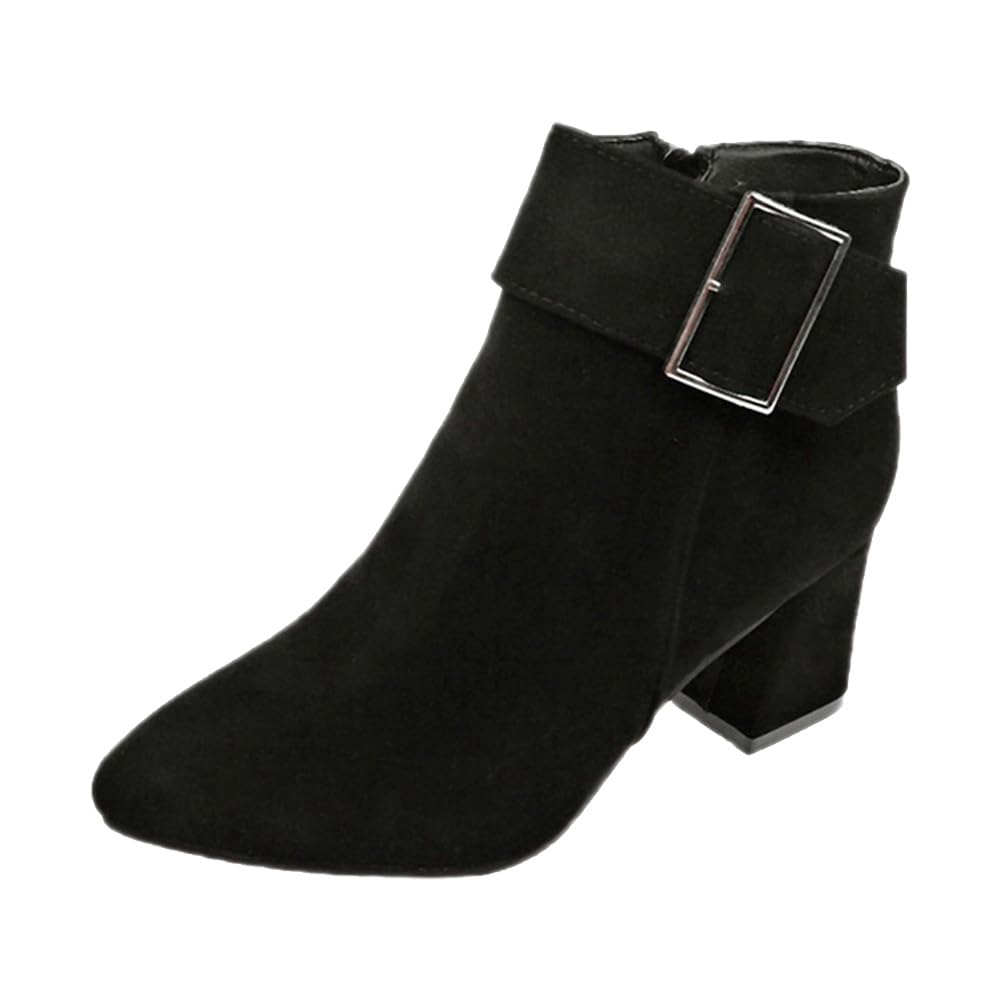 【送料無料】[Guoyupika] ショートブーツ レディース スクエアヒール ポインテッドトゥ 太めヒール ス..