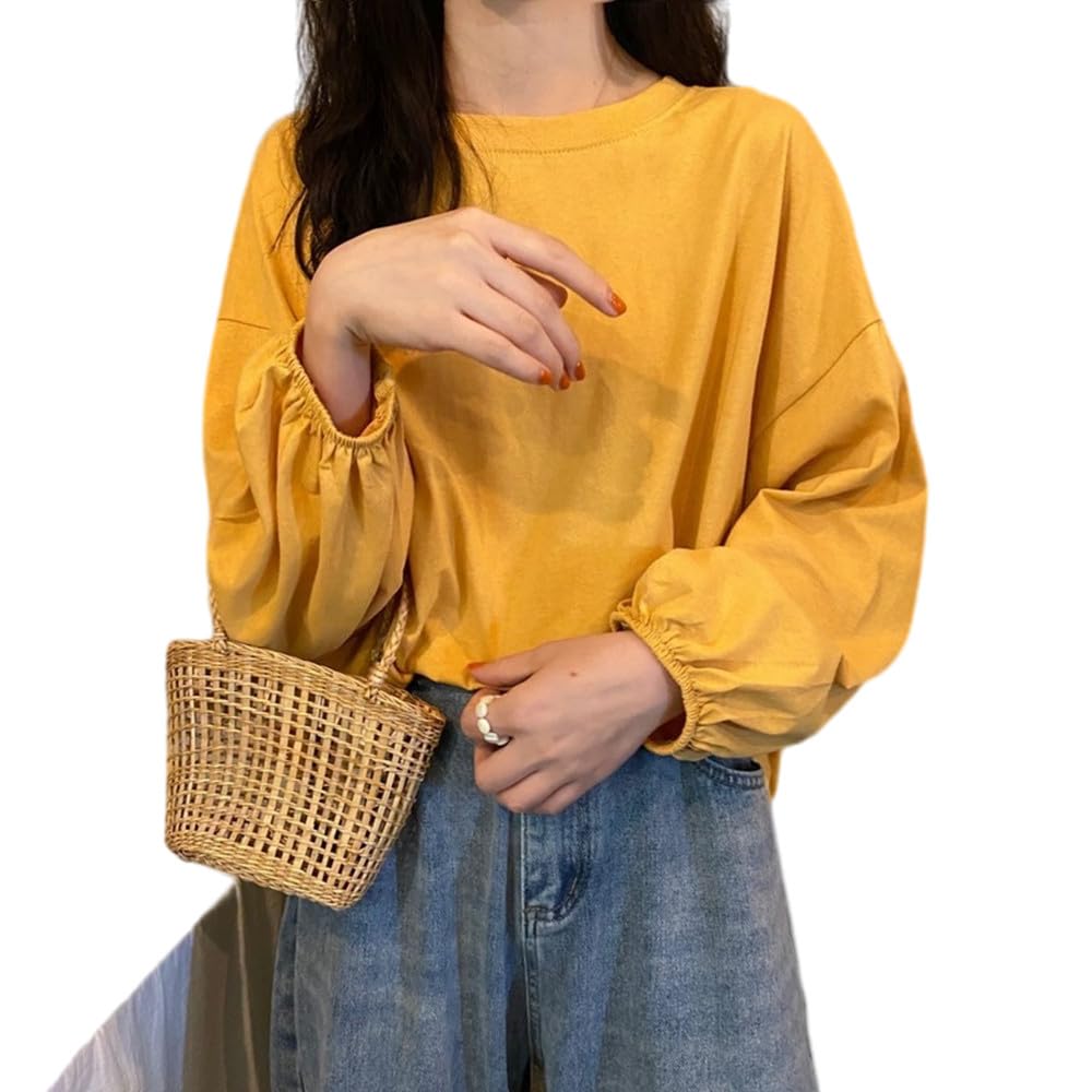 【送料無料】[UMIYI] 長袖Tシャツ レディース ロングTシャツ ロンT カットソー 綿混 シンプル カジュアル おしゃれ 大人かわいい 丸首 クルーネック トップス インナー 重ね着 パフスリーブ ゆったり プルオーバー イエロー