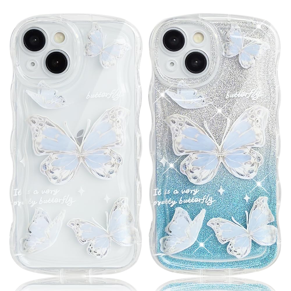 【送料無料】JOOBOY スマホケース 対応 iPhone 15 Plus ケース クリア 透明 キラキラ 蝶々 波型 かわいい tpu ソフト 薄型 軽量 女性人気 キャラクター 衝撃吸収 指紋防止 ストラップホール付き 対応 アイフォン15プラス 携帯ケース (ブルー&蝶, 15Plus 6.7")