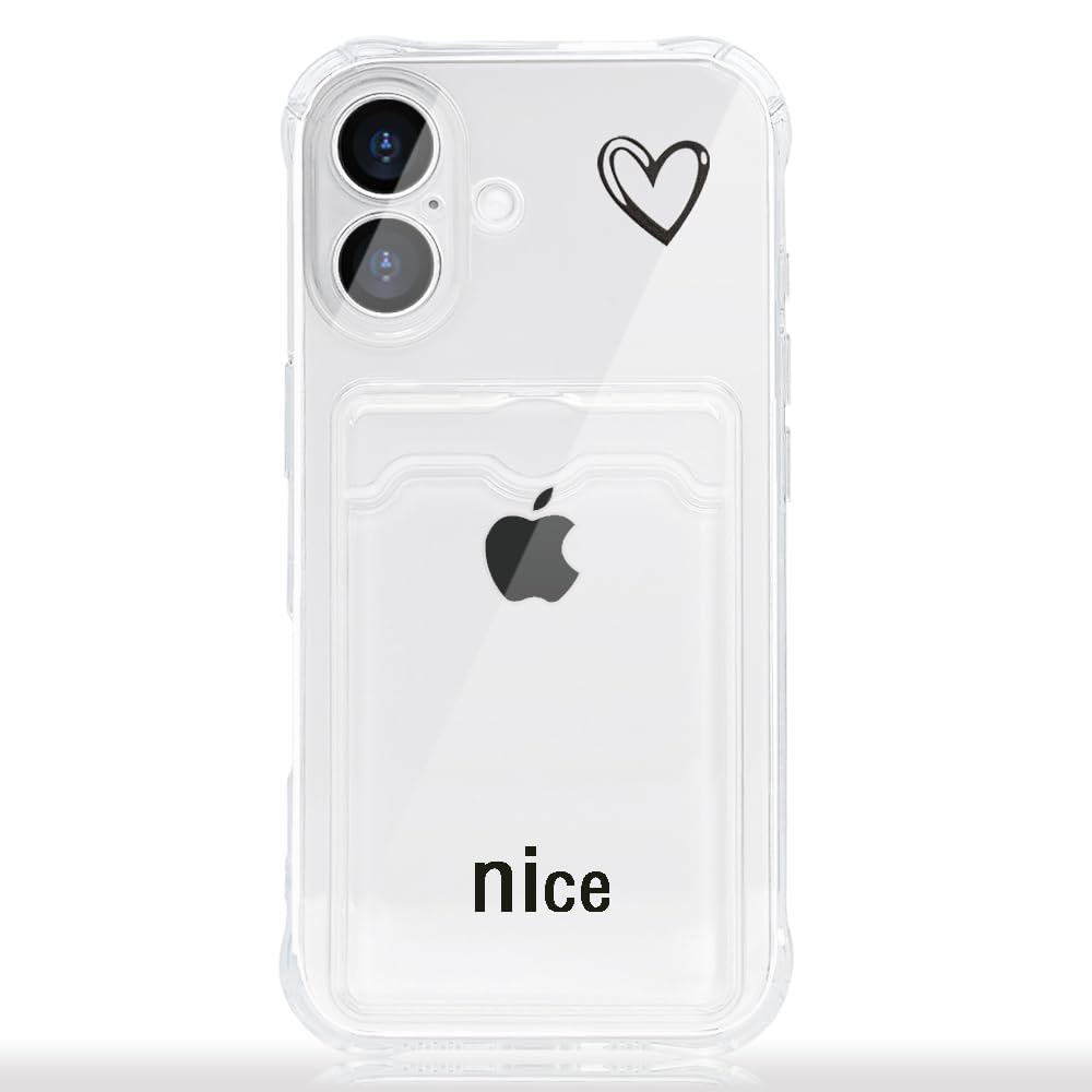 【送料無料】JOOBOY スマホケース 対応 iPhone 16 Plus クリアケース 透明 カード収納 TPU ソフト ストラップホール付き 薄型 軽量 黄変防止 耐久 すり傷防止 ワイヤレス充電対応 対応 アイフォン16 プラス 携帯電話 カバー (ハート2-クリア, 16 Plus)