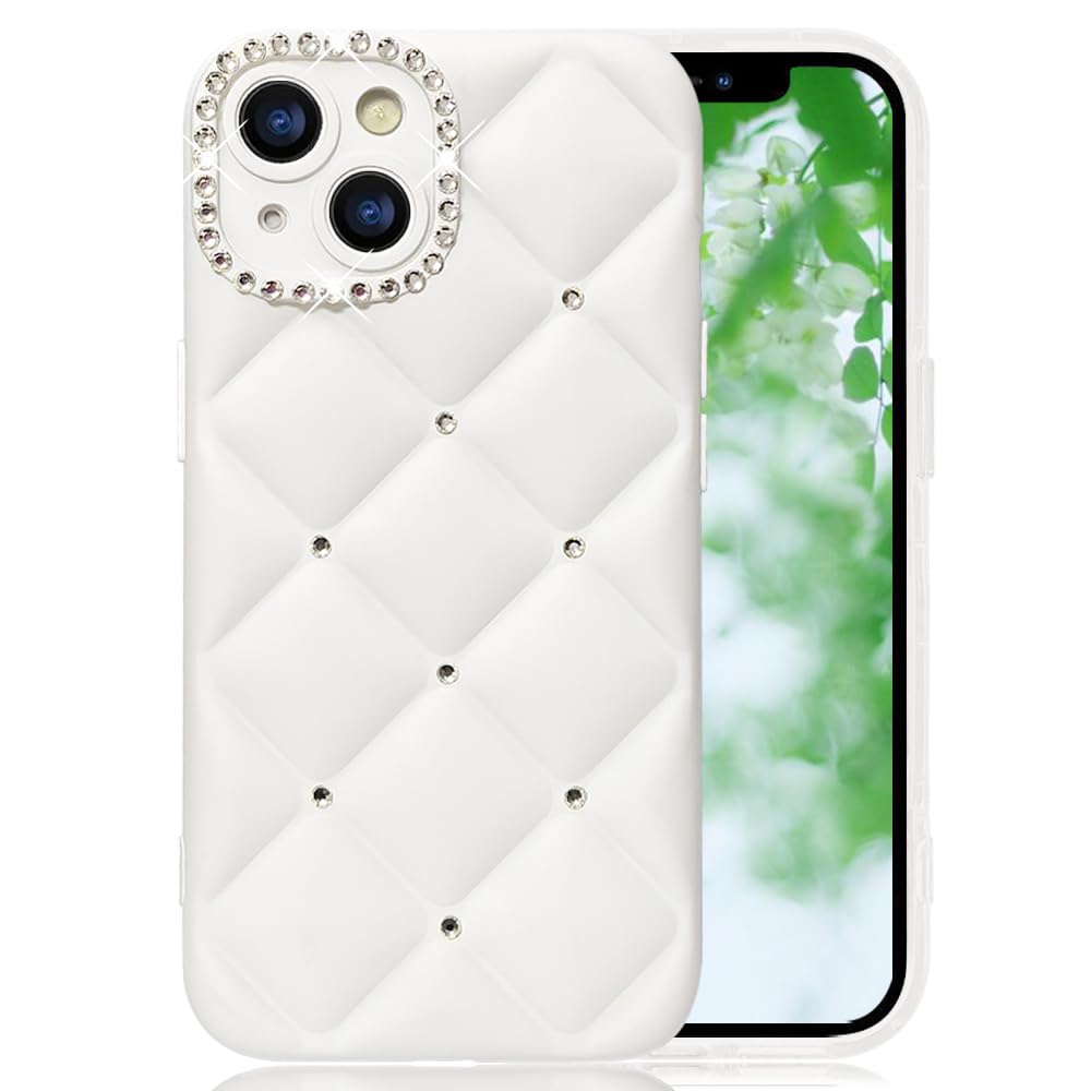 【送料無料】JOOBOY スマホケース 対応 iPhone 14 ケース かわいい キラキラ ブリンブリン 菱形 凹凸 ストーン ハードかばー 薄型 軽量 女性人気 キャラクター 滑り止め 指紋防止 ストラップホール付き 衝撃吸収 アイフォン14 携帯ケース (ホワイト, iPhone 14)