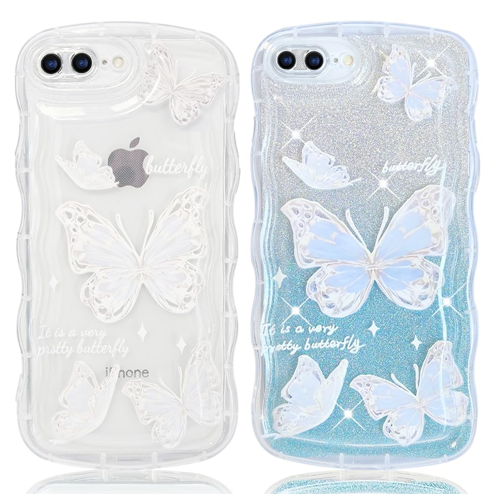 【送料無料】JOOBOY スマホケース 対応 iPhone8 Plus iPhone7 Plus 兼用 ケース クリア 透明 キラキラ 蝶々 波型 かわいい tpu ソフト 薄型 軽量 女性人気 キャラクター 衝撃吸収 指紋防止 ストラップホール付き 対応 アイフォン8Plus 携帯ケース(ブルー&蝶)