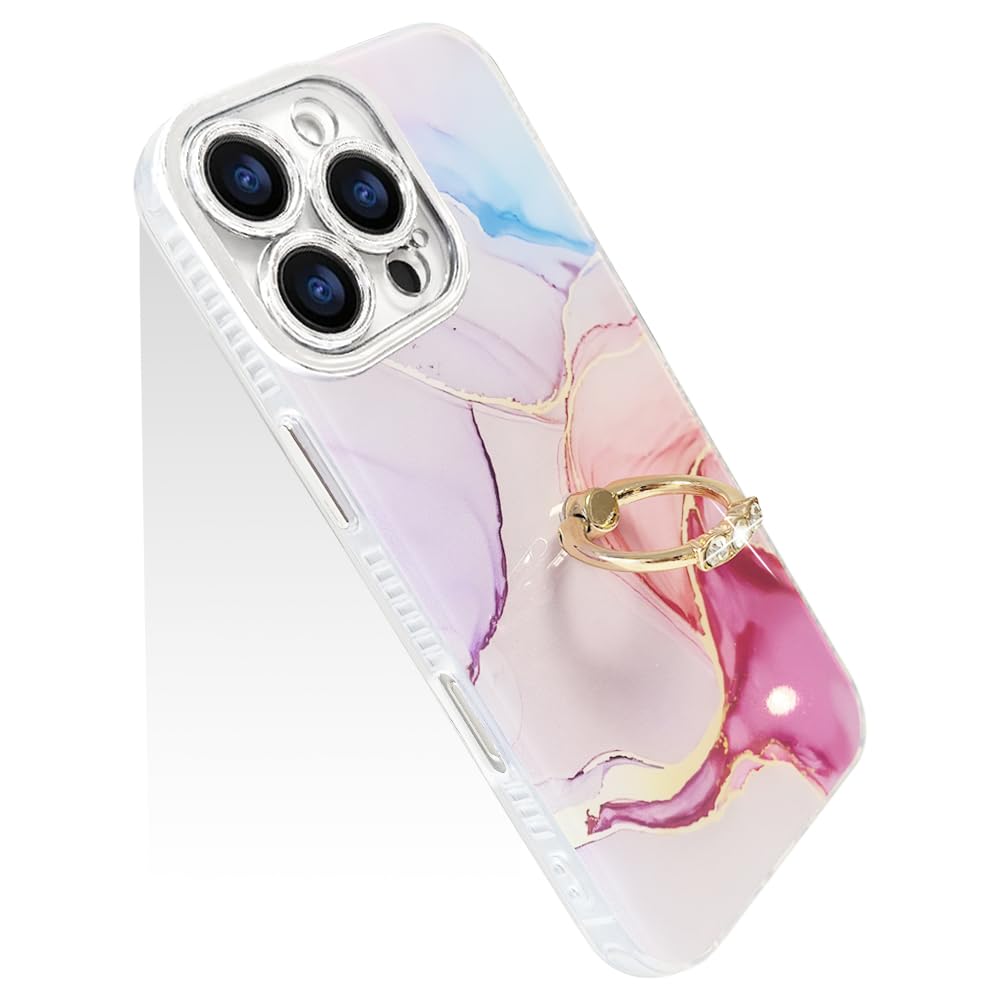 【送料無料】JOOBOY スマホケース 対応 iPhone 15 pro ケース リング付き 大理石柄 レンズメッキ加工 かわいい キャラクター ディズニー 美しい おしゃれ 女性 人気 保護カバー 薄型 軽量 アイフォン15プロ 携帯電話かばー (ブルー.ピンク, iPhone15 Pro)