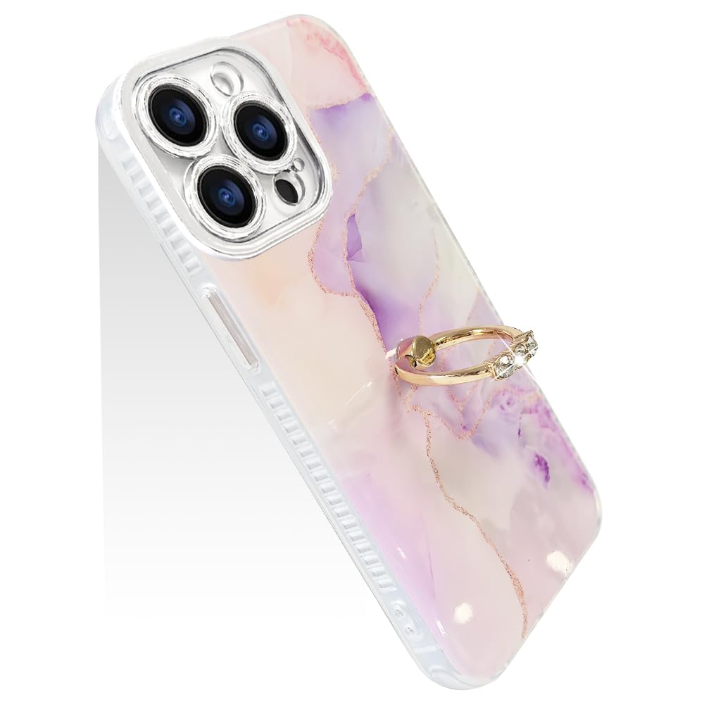 【送料無料】JOOBOY スマホケース 対応 iPhone 15 pro ケース リング付き 大理石柄 レンズメッキ加工 かわいい キャラクター ディズニー 美しい おしゃれ 女性 人気 保護カバー 薄型 軽量 アイフォン15プロ 携帯電話かばー (ピンク.パープル, iPhone15 Pro)