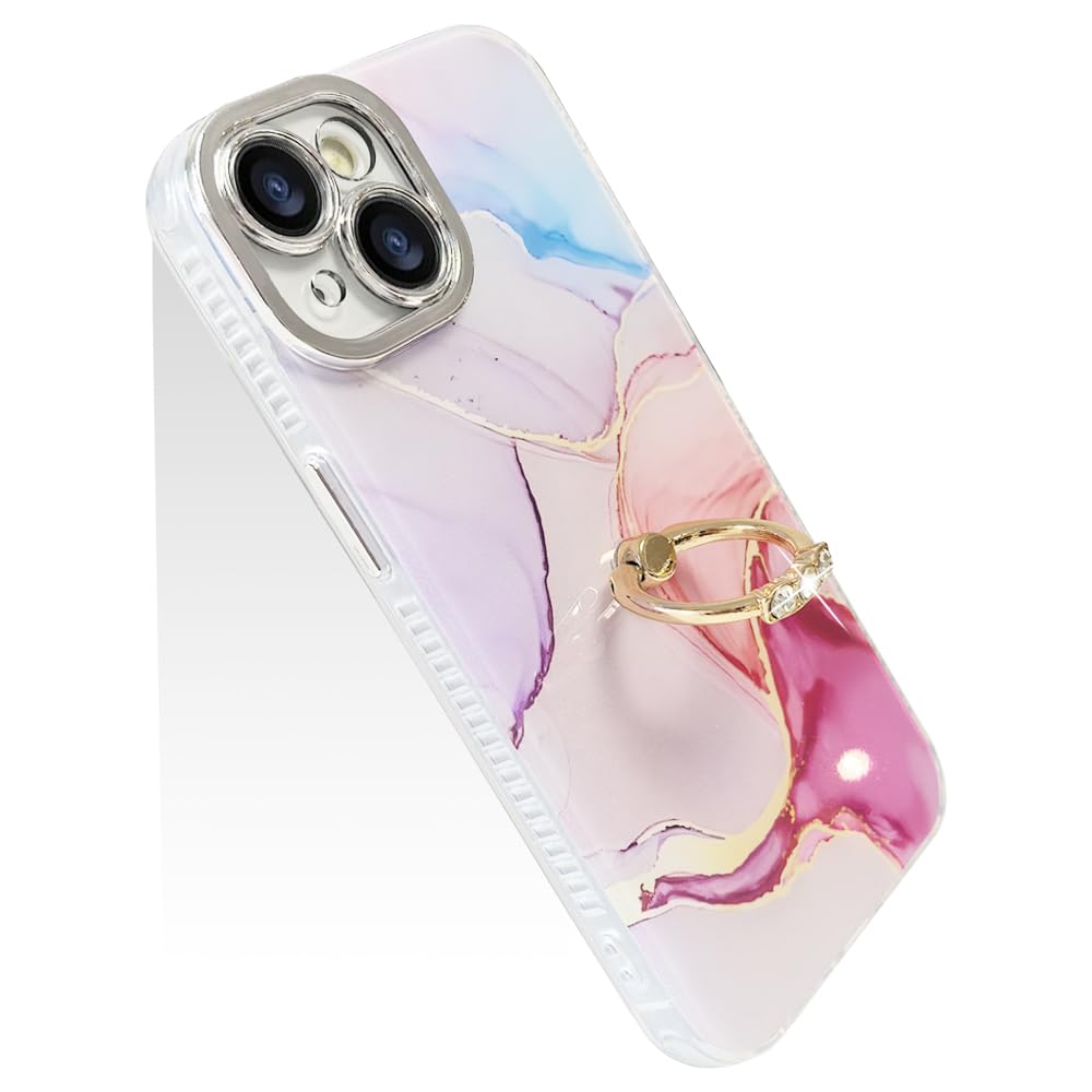 【送料無料】JOOBOY スマホケース 対応 iPhone 13 iPhone 14 兼用 ケース リング付き 大理石柄 レンズメッキ加工 かわいい キャラクター ディズニー 美しい おしゃれ 女性 人気 保護カバー 薄型 軽量 あいふぉん14 携帯電話かばー カバー (ブルー.ピンク, iPhone 13/14)