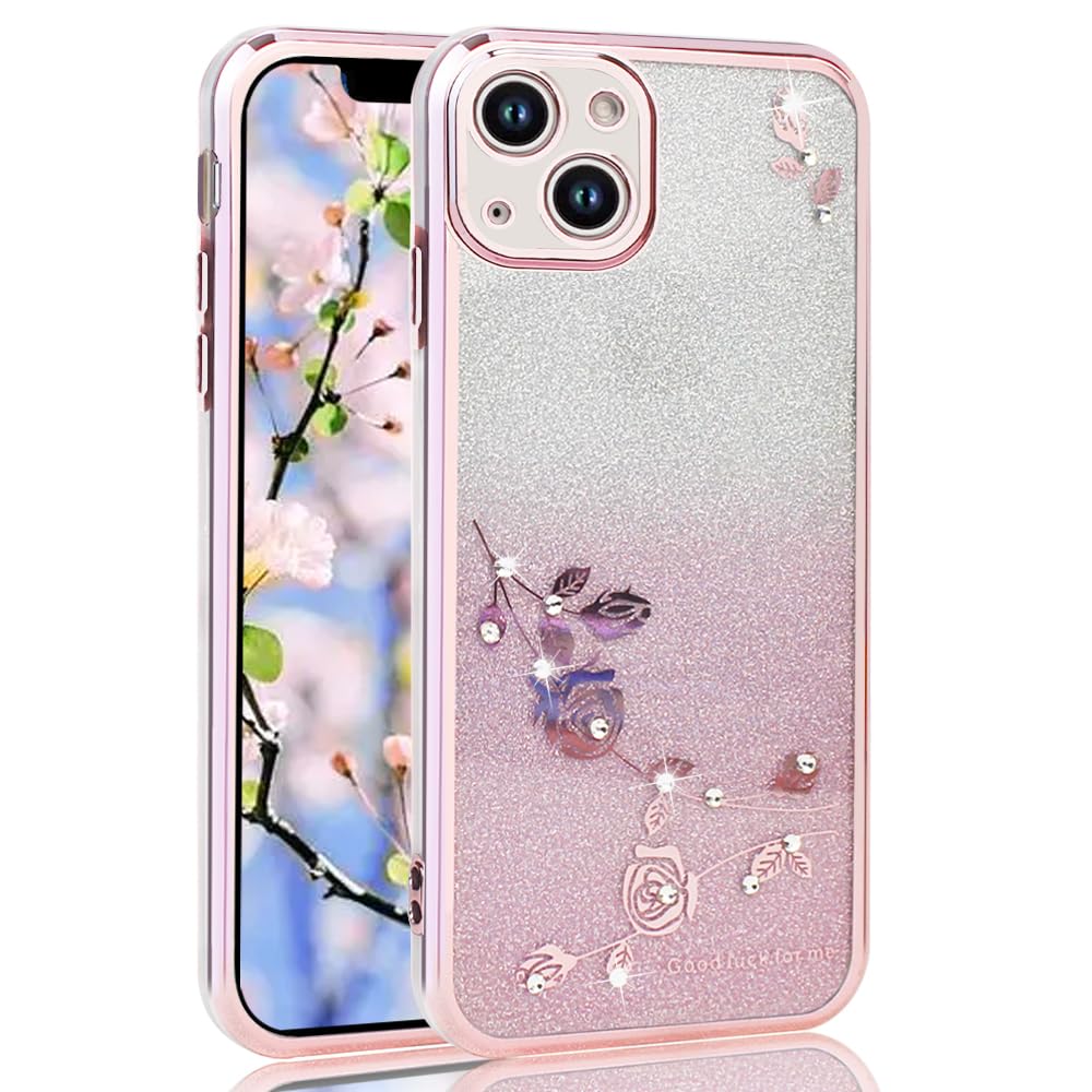 【送料無料】JOOBOY iPhone 14 用 ケース クリア 透明 メッキ加工 キラキラ 花柄 ソフトケース TPU 薄型 おしゃれ かわいい 衝撃吸収 女性 人気 ブランド スマホケース アイフォン14 携帯カバー (iPhone 14, キラキラ-ピンク)