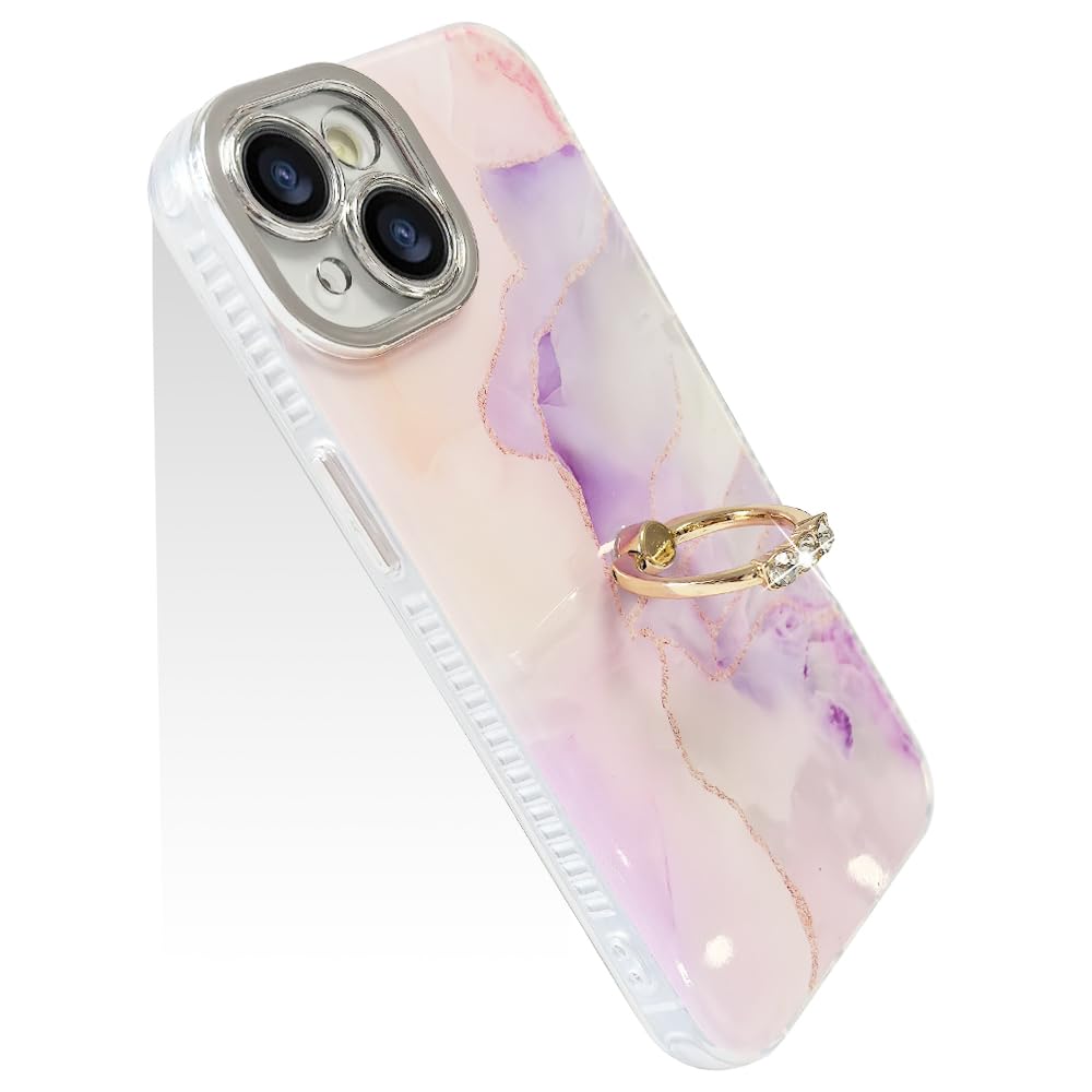 【送料無料】JOOBOY スマホケース 対応 iPhone 13 iPhone 14 兼用 ケース リング付き 大理石柄 レンズメッキ加工 かわいい キャラクター ディズニー 美しい おしゃれ 女性 人気 保護カバー 薄型 軽量 あいふぉん14 携帯電話かばー カバー (ピンク.パープル, iPhone 13/1