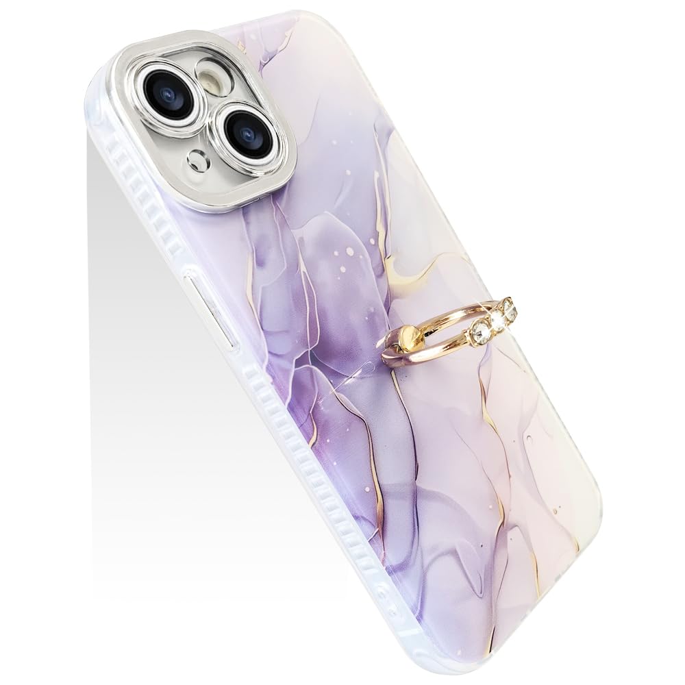 【送料無料】JOOBOY スマホケース 対応 iPhone 13 iPhone 14 兼用 ケース リング付き 大理石柄 レンズメッキ加工 かわいい キャラクター ディズニー 美しい おしゃれ 女性 人気 保護カバー 薄型 軽量 あいふぉん14 携帯電話かばー カバー (パープル, iPhone 13/14)