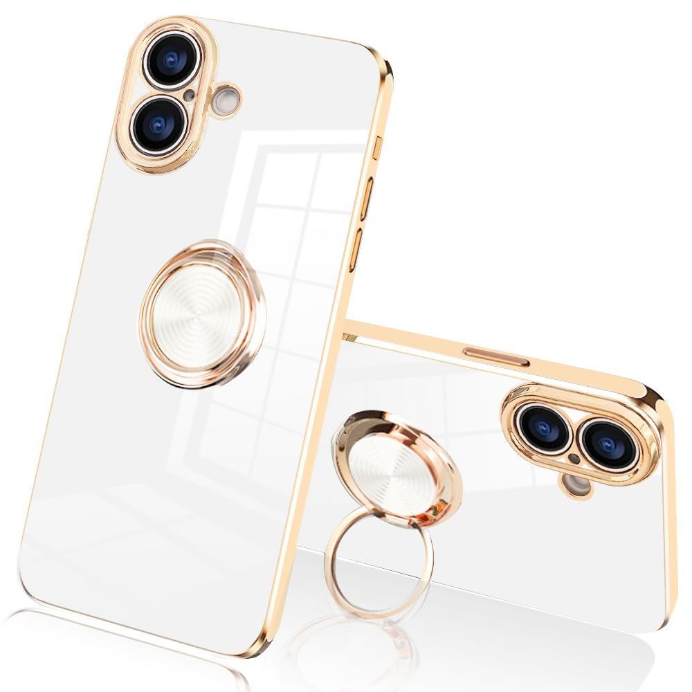 【送料無料】JOOBOY iPhone16 用 ケース リング付き メッキ加工 レンズ保護 tpu ソフト ストラップホール付き 耐衝撃 スリム おしゃれ アイフォン16 用 ケース (ホワイト, iPhone 16)
