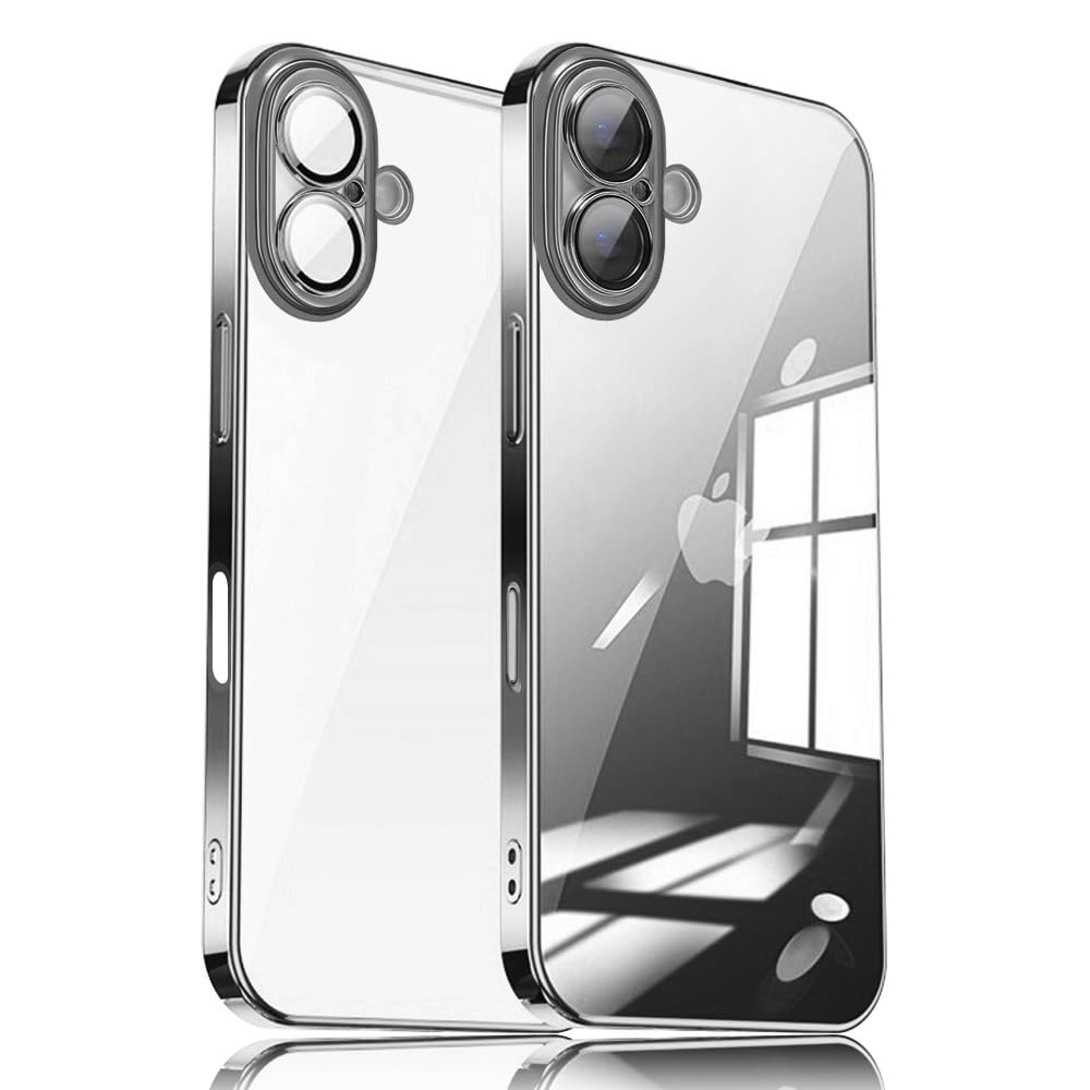 【送料無料】JOOBOY iPhone 16 Plus 用 クリアケース 透明 メッキ加工 レンズフィルム付き ハードかばー PC素材 かわいい おしゃれ 超軽量 薄型 指紋防止 人気 ストラップホール付き スマホケース アイフォン16プラス 携帯かばー (ブラック, iPhone16 Plus)