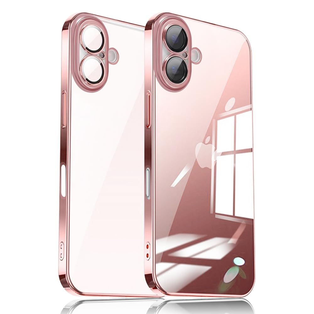 【送料無料】JOOBOY iPhone 16 Plus 用 クリアケース 透明 メッキ加工 レンズフィルム付き ハードかばー PC素材 かわいい おしゃれ 超軽量 薄型 指紋防止 人気 ストラップホール付き スマホケース アイフォン16プラス 携帯かばー (ピンク, iPhone16 Plus)