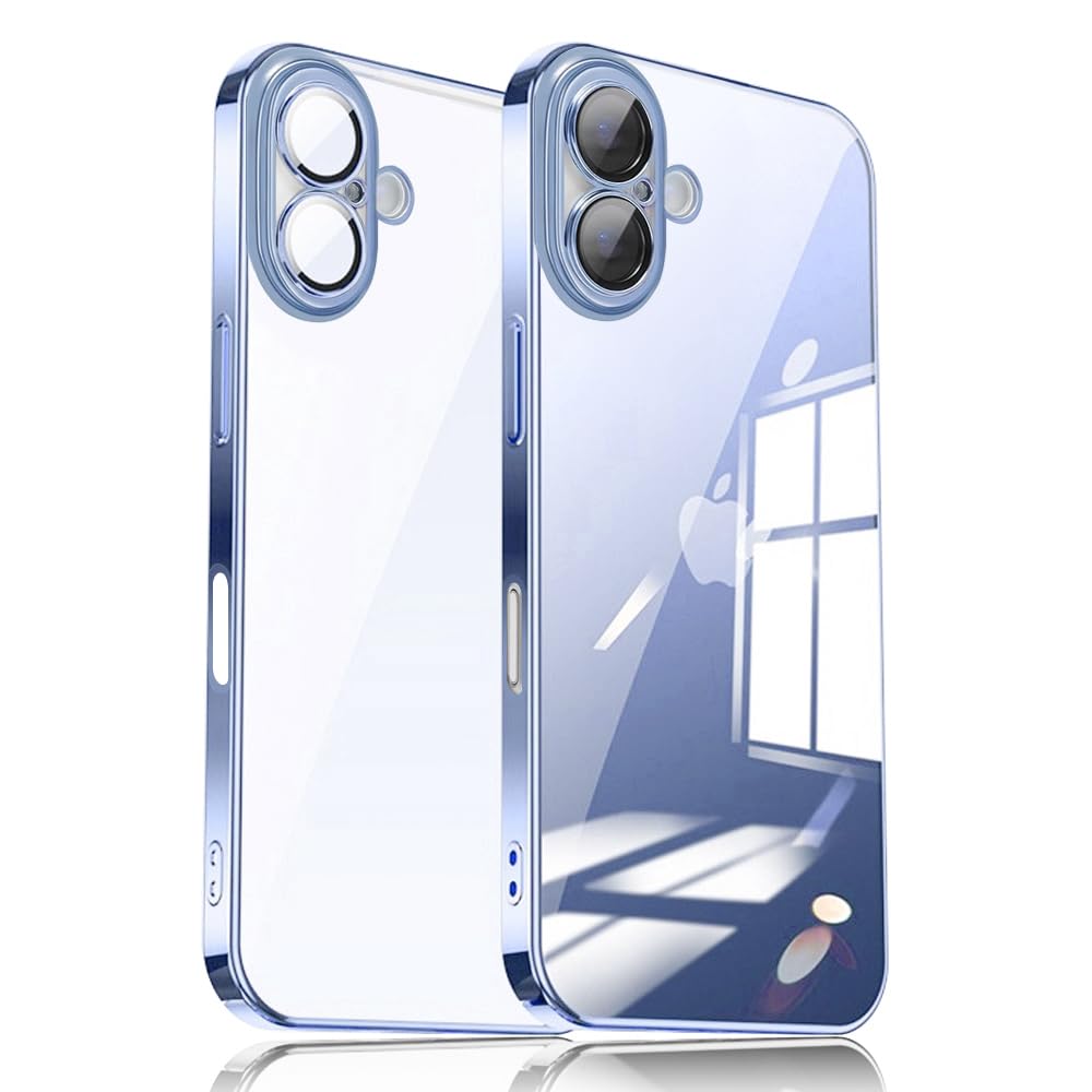 【送料無料】JOOBOY iPhone 16 用 クリアケース 透明 メッキ加工 レンズフィルム付き ハードかばー PC素材 かわいい おしゃれ 超軽量 薄型 指紋防止 人気 ストラップホール付き スマホケース アイフォン16 携帯かばー (ブルー, iPhone 16)