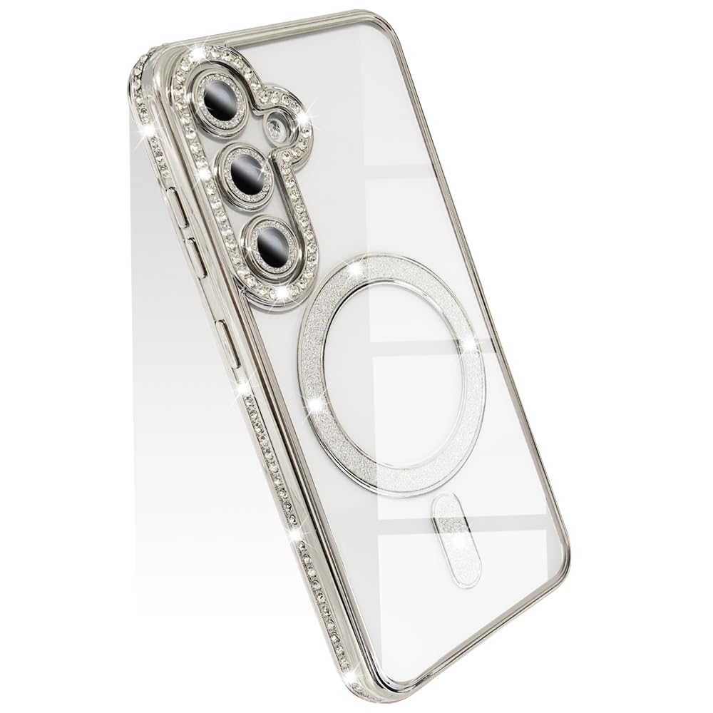 【送料無料】JOOBOY スマホケース 対応 Galaxy s24 ケース 透明 クリア メッキ加工 Magsafe対応 きらきら ブリンブリン 衝撃吸収 かわいい キラキラ 女性 人気 キャラクター ワイヤレス充電対応 おしゃれ ギャラクシーS24 携帯カバー (シルバー, Galaxy S24)