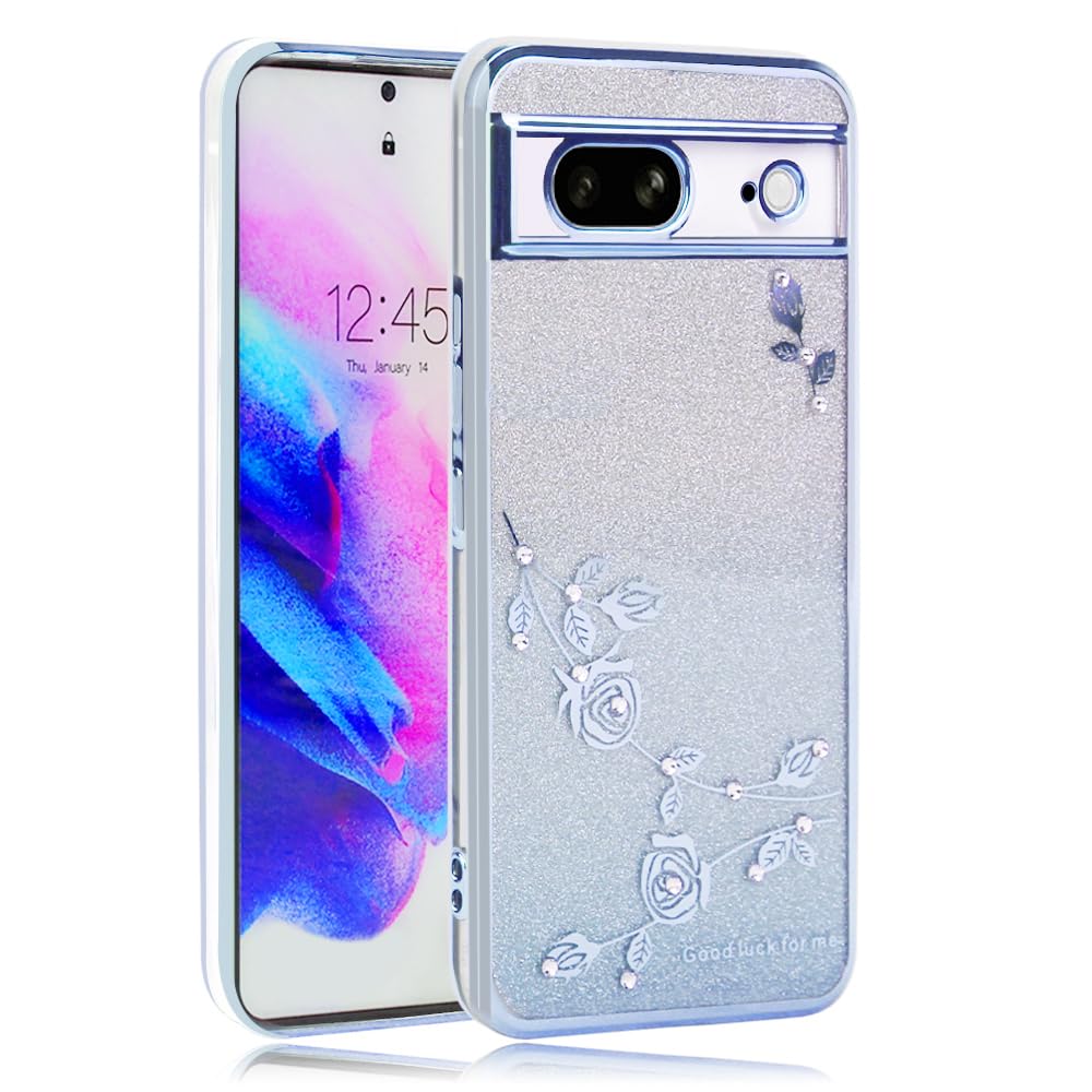【送料無料】JOOBOY スマホケース 対応 Google Pixel7 ケース クリア キラキラ メッキ加工 花柄 ソフトケース TPU 薄型 おしゃれ かわいい 衝撃吸収 ブランド グーグル ピクセル 7 カバー(Google Pixel 7, キラキラ-ブルー)
