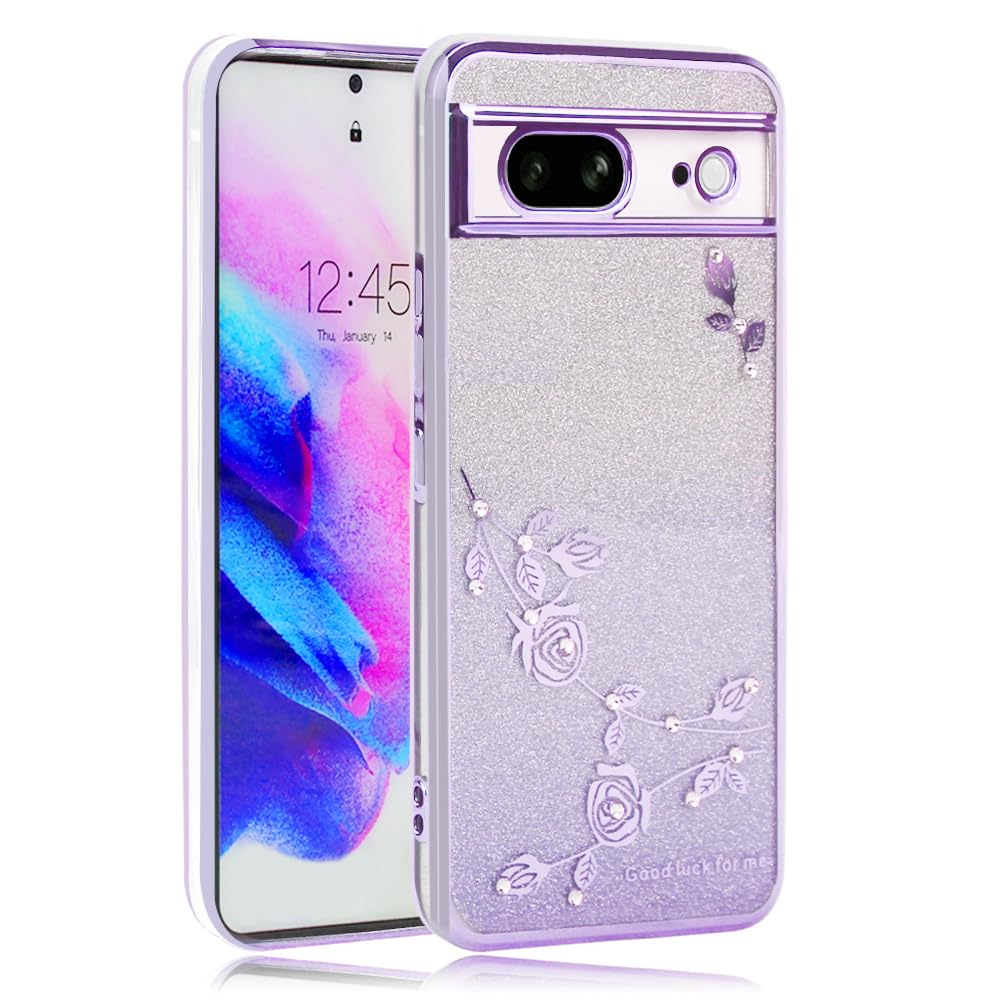 【送料無料】JOOBOY スマホケース 対応 Google Pixel8 ケース クリア キラキラ メッキ加工 花柄 ソフトケース TPU 薄型 おしゃれ かわいい 衝撃吸収 ブランド グーグル ピクセル 8 カバー(Google Pixel 8, キラキラ-パープル)