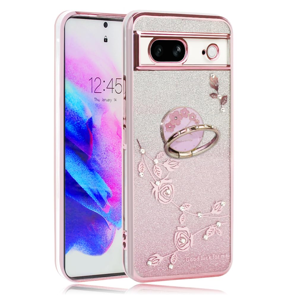 【送料無料】JOOBOY Google Pixel7 ケース リング付き クリア キラキラ メッキ加工 花柄 ソフトケース TPU 薄型 おしゃれ かわいい 衝撃吸収 ブランド グーグル ピクセル 7 カバー (ローズゴールド, Google Pixel 7)