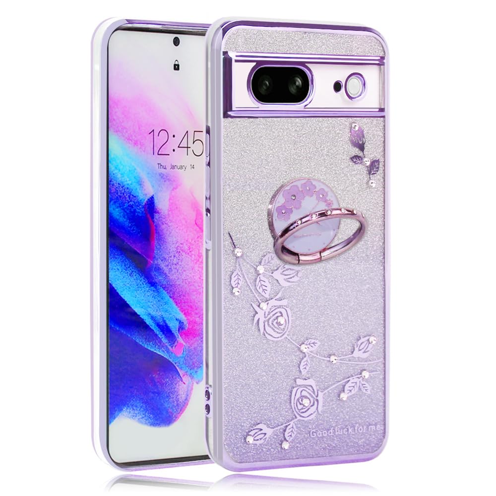 【送料無料】JOOBOY Google Pixel7 ケース リング付き クリア キラキラ メッキ加工 花柄 ソフトケース TPU 薄型 おしゃれ かわいい 衝撃吸収 ブランド グーグル ピクセル 7 カバー (パープル, Google Pixel 7)