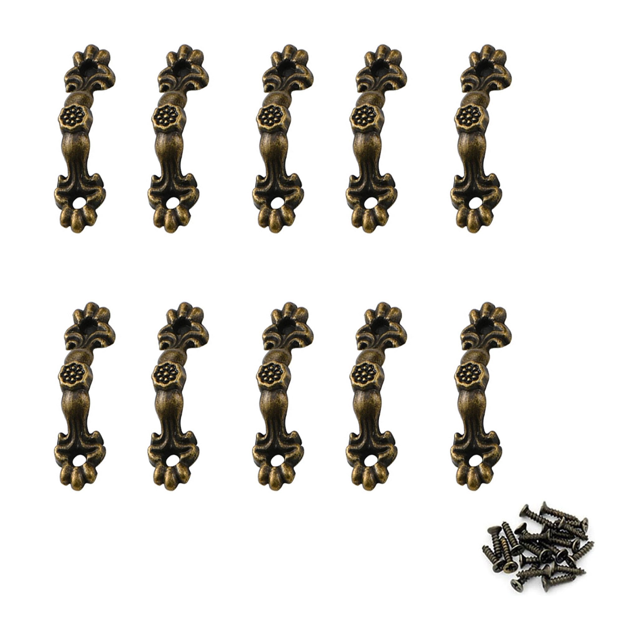 【送料無料】BLOOPIC ミニ 取手 プルハンドル 亜鉛合金 アーチ型 強化 ボックスハンドル アンティーク調 ユニバーサル レトロ ネジ 家具 引き出し 取っ手 耐摩耗耐久性 キッ10個入り 付属ネジ（ブロンズ+花+4.3cm)