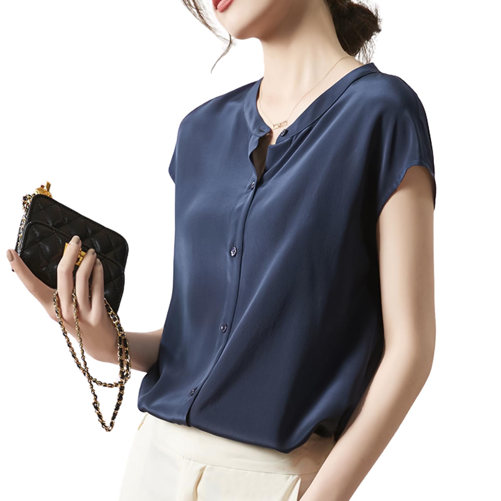 【送料無料】[SeiunAn] シャツ レディース ブラウス 半袖 夏 トップス tシャツ カットソー 前開き 無地 Vネック きれいめ おしゃれ 大きいサイズ 接触冷感 涼しい ゆったり オフィス 業務服 ビジネス ファッション 通勤 大人 快適