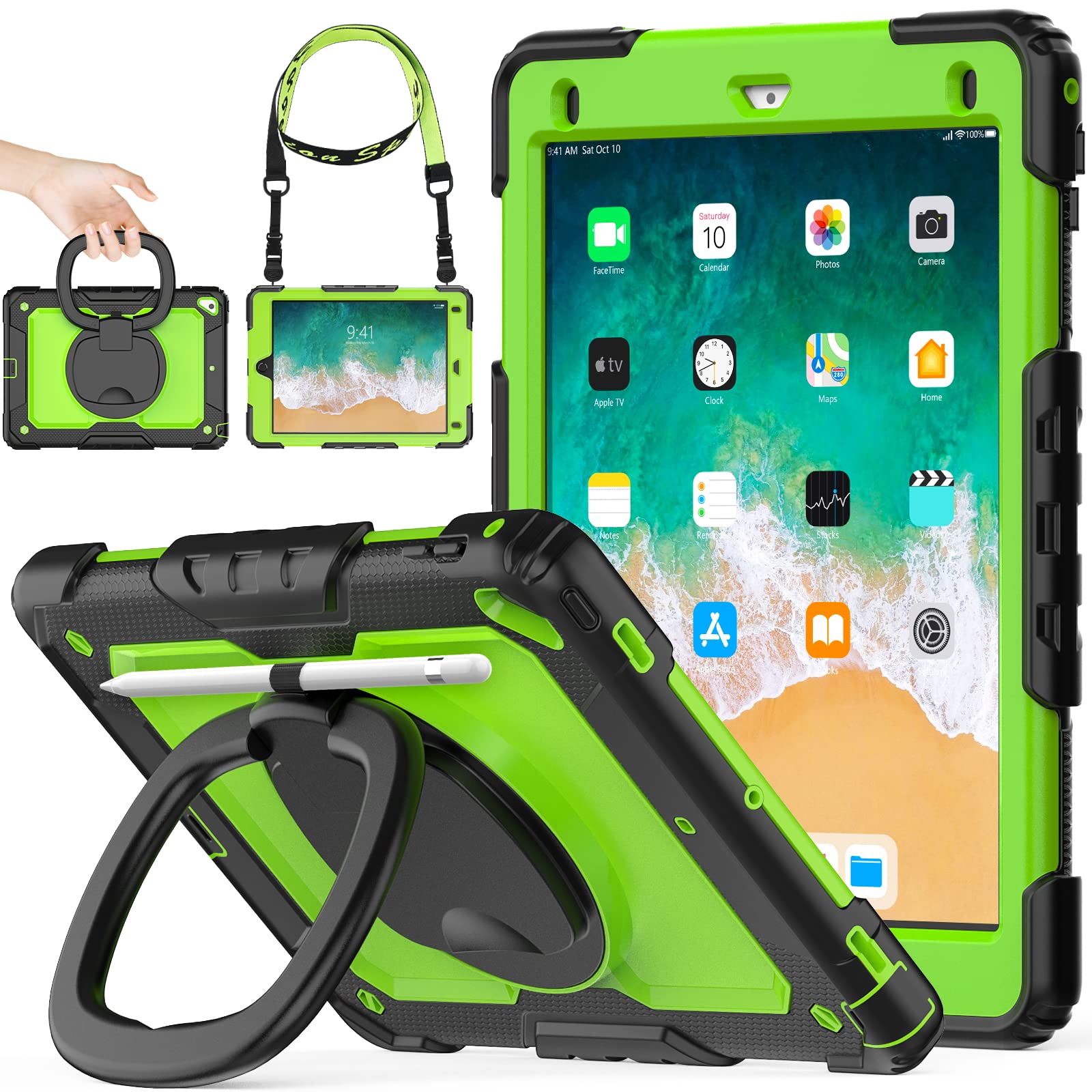 【送料無料】SEYMAC stock iPad 無印 第6世代/第5世代 9.7インチ(2018/2017) / Air2 / Pro 9.7 ケース リングハンドル耐衝撃ケース ペン収納 ショルダーストラップ 保護フィルム付きフレーム(グリーン+ブラック)