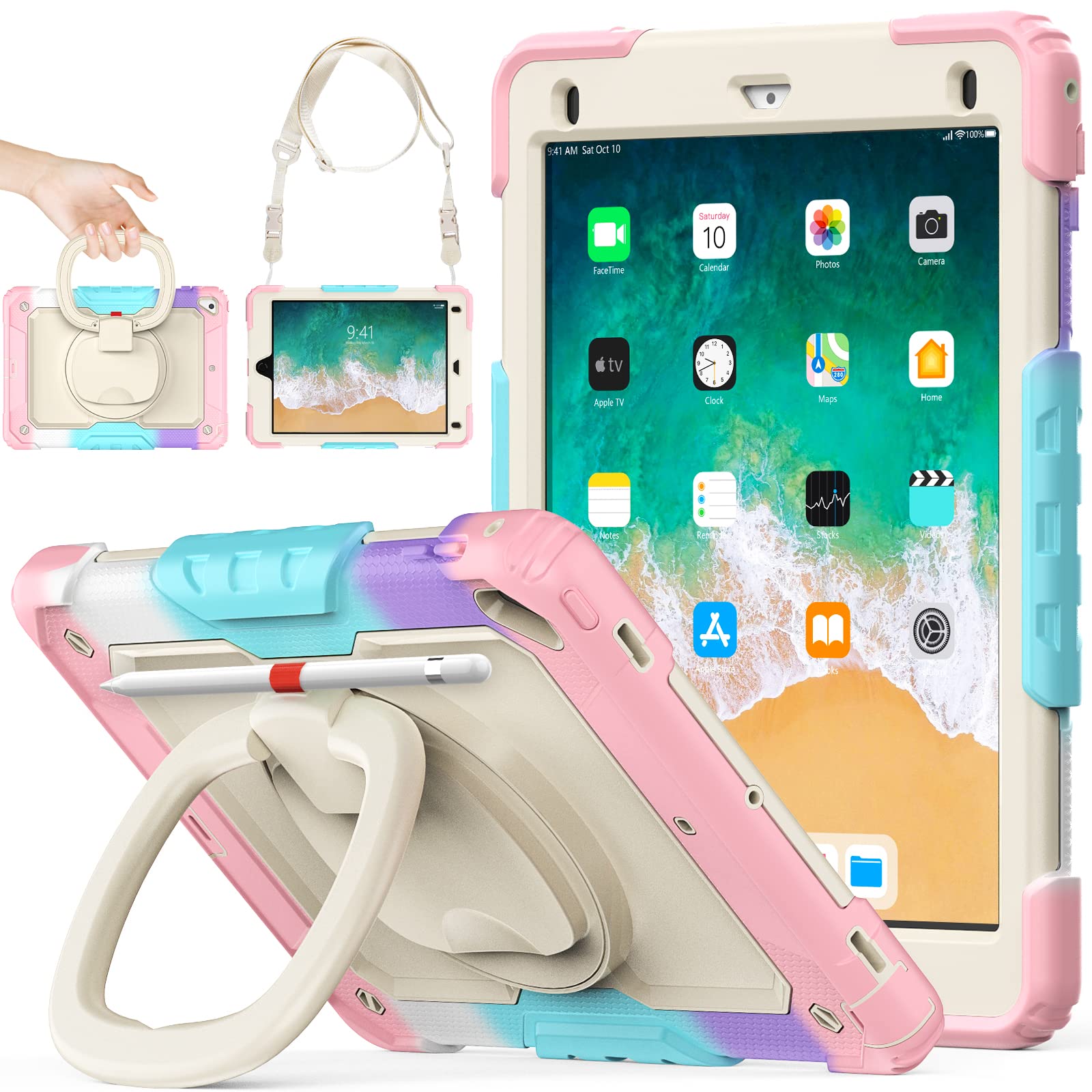 【送料無料】SEYMAC stock iPad 無印 第6世代/第5世代 9.7インチ(2018/2017) / Air2 / Pro 9.7 ケース リングハンドル耐衝撃ケース ペン収納 ショルダーストラップ 保護フィルム付きフレーム(色とりどり+ピンク)