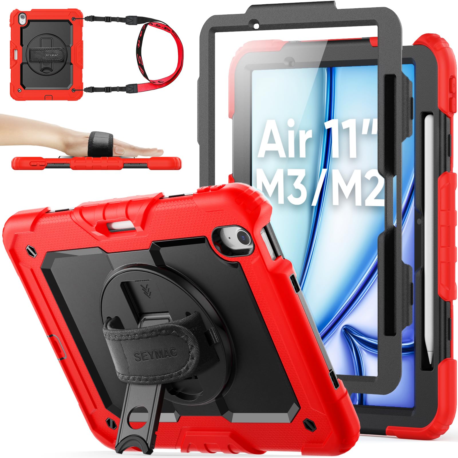 【送料無料】SEYMAC stock 2025年/2024年 13インチiPad Air(M3/M2)耐衝撃ケース 保護フィルム付き ペン収納 360°回転スタンド ハンドストラップ ショルダーストラップ 全面保護カバー iPad Air 13 2025/2024専用型（レッド）