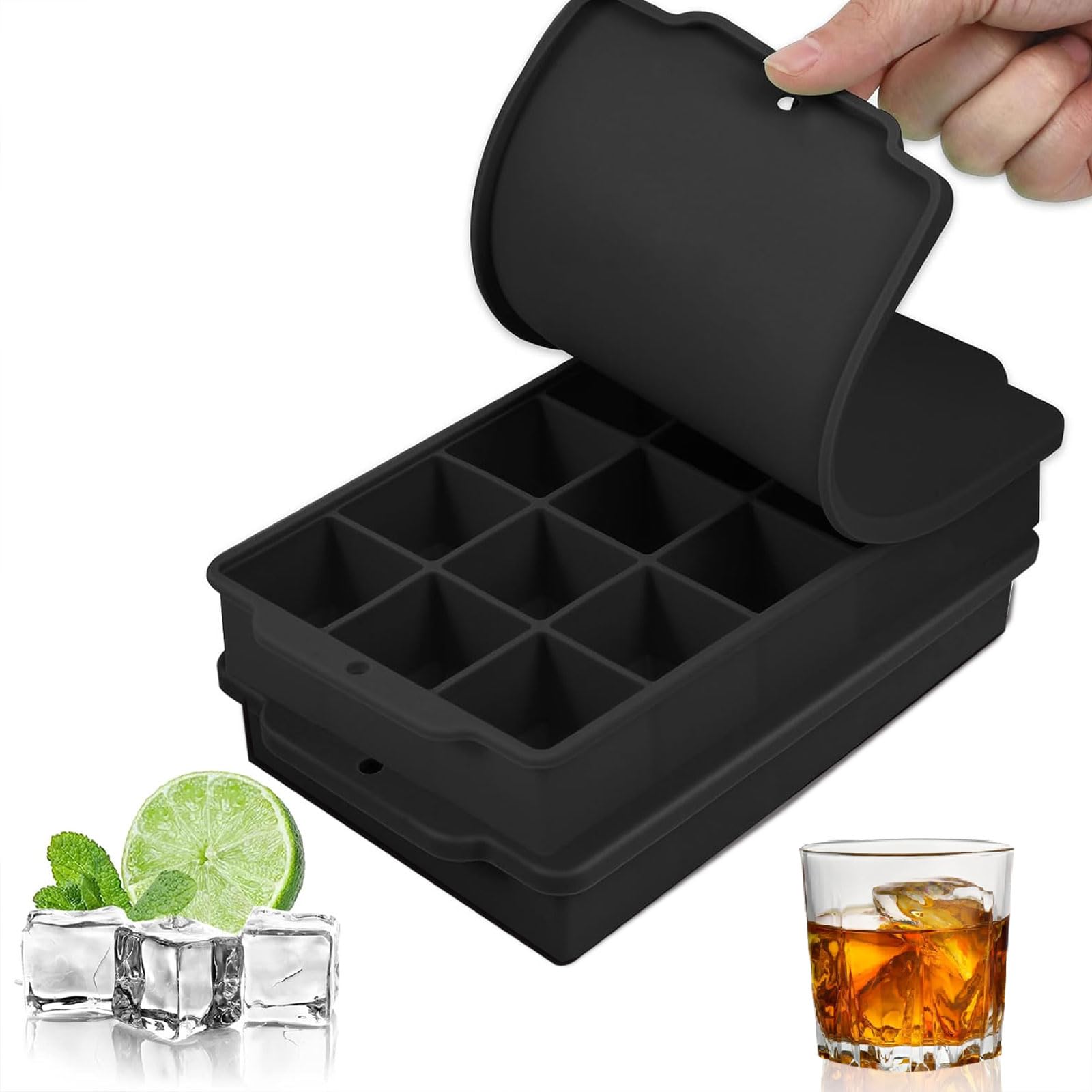 【送料無料】ESTVLB シリコン 製氷皿 製氷器 四角氷 3.5cm シリコン製氷機製氷ケースアイスキューブ 氷トレー ソフト取り出しやすい 蓋付き冷凍保存 耐久性 多用途 DIY 小型製氷機 家庭用 15穴 ブラック (2個セット)