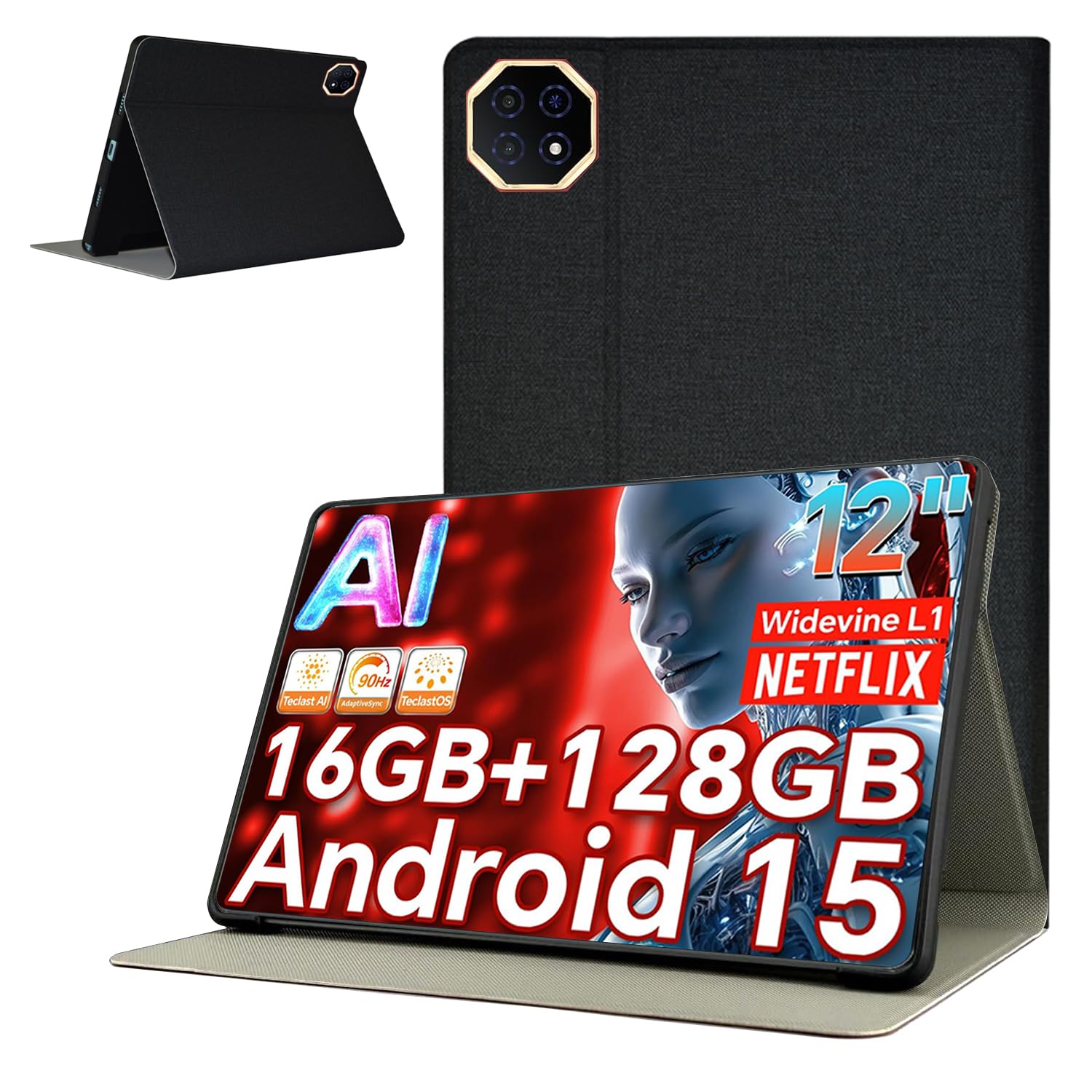 【送料無料】For Teclast T60AI 用 ケース カバー 【KONXISA】タブレット 12インチ ケース 角度調整 スタンド PU+TPU素材 耐汚れ 耐傷 耐衝撃 全面保護 手触りが良い タブレットスリーブ（ブラック）(2)