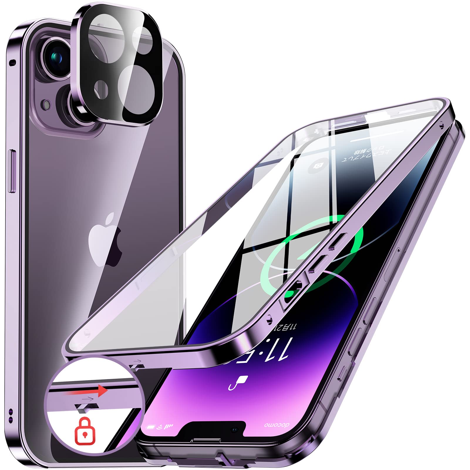 【送料無料】NIANGUO【ロック機能付き・自動ポップアップボタン】 iPhone14 Plus 用 ケース クリア 【両面強化ガラス】 9H硬度 【一体型レンズ保護】 アイフォン14プラス カバー アルミバンパー メタルフレーム 耐衝撃 傷防止 高感度タッチ 薄型 軽量 ワイヤレス充電対応