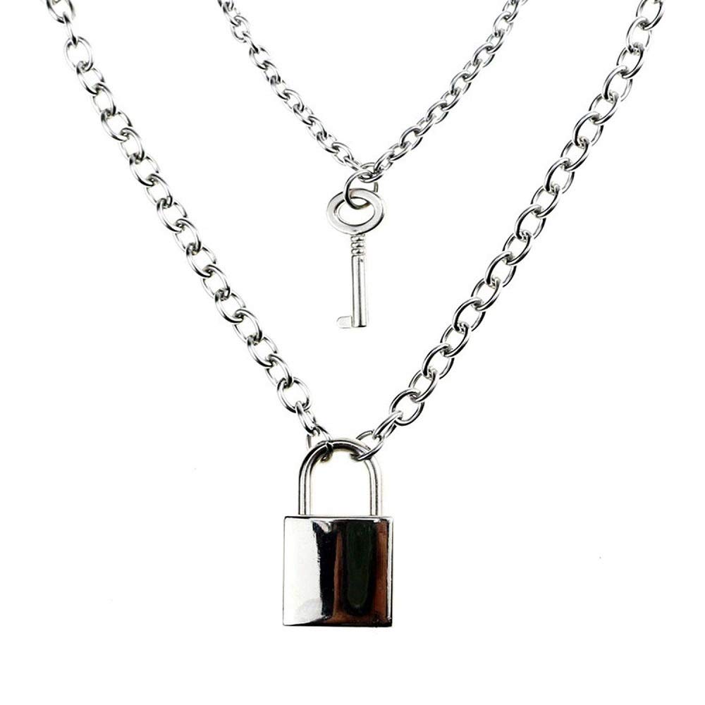 【送料無料】南京錠 丸チェーン ネックレス ロックキー ペンダント パンク 2連 多層 ロングチェーン 鍵 首輪 鎖 チョーカー レディース メンズ シンプル お洒落アイテム