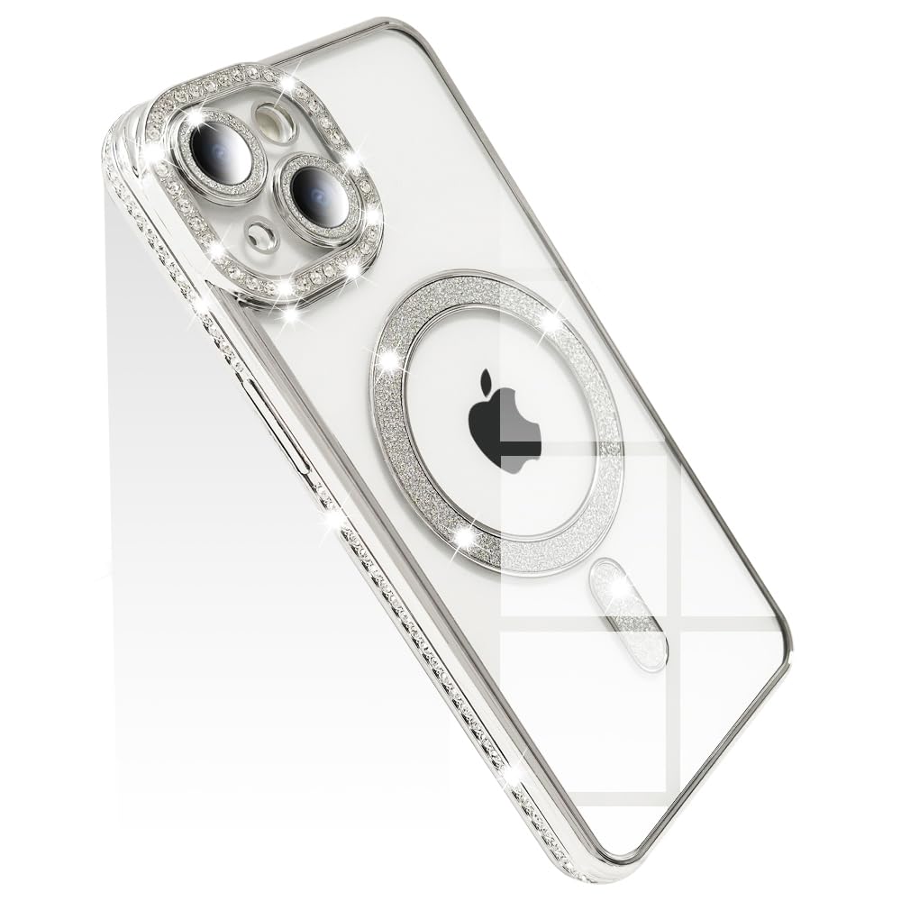 【送料無料】JOOBOY スマホケース 対応 iPhone 14 クリア ケース 透明 メッキ加工 Magsafe対応 きらきら ブリンブリン 衝撃吸収 かわいい キラキラ 女性 人気 キャラクター ワイヤレス充電対応 おしゃれ ストラップホール付き アイフォン14 携帯カバー (シルバー, iPhon