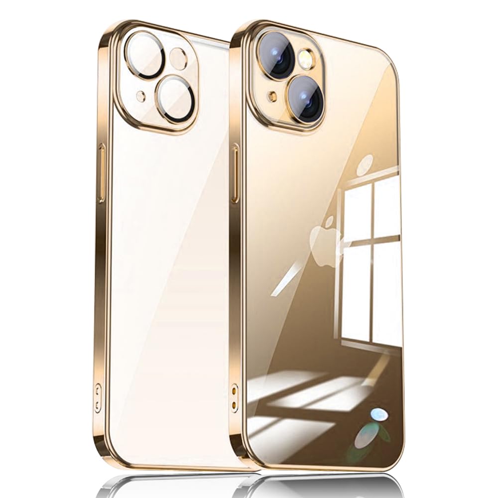 【送料無料】JOOBOY iPhone 15 用 クリアケース 透明 メッキ加工 レンズフィルム付き ハードかばー PC素材 かわいい おしゃれ 超軽量 薄型 指紋防止 人気 ストラップホール付き スマホケース アイフォン15 携帯かばー (ゴールド, iPhone 15)