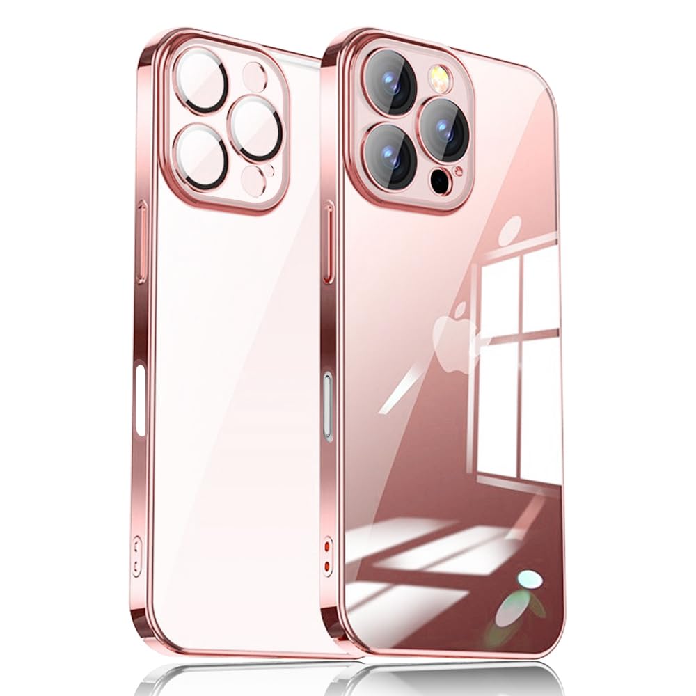 【送料無料】JOOBOY iPhone 16 Pro 用 クリアケース 透明 メッキ加工 レンズフィルム付き ハードかばー PC素材 かわいい おしゃれ 超軽量 薄型 指紋防止 人気 ストラップホール付き スマホケース アイフォン16プロ 携帯かばー (ピンク, iPhone16 Pro)