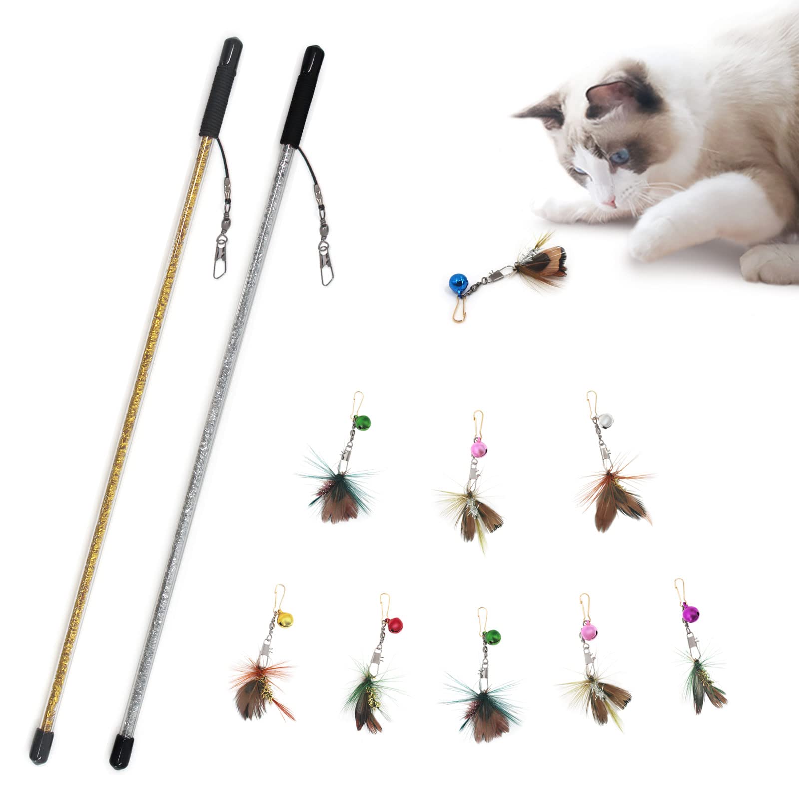 【送料無料】SONGWAY 猫 おもちゃ 猫じゃらし 羽のおもちゃ じゃれ猫 交換しやすい ねこ じゃらし ストレス解消 交換用鳥の羽根 釣り竿 交換用羽8個 小飛虫