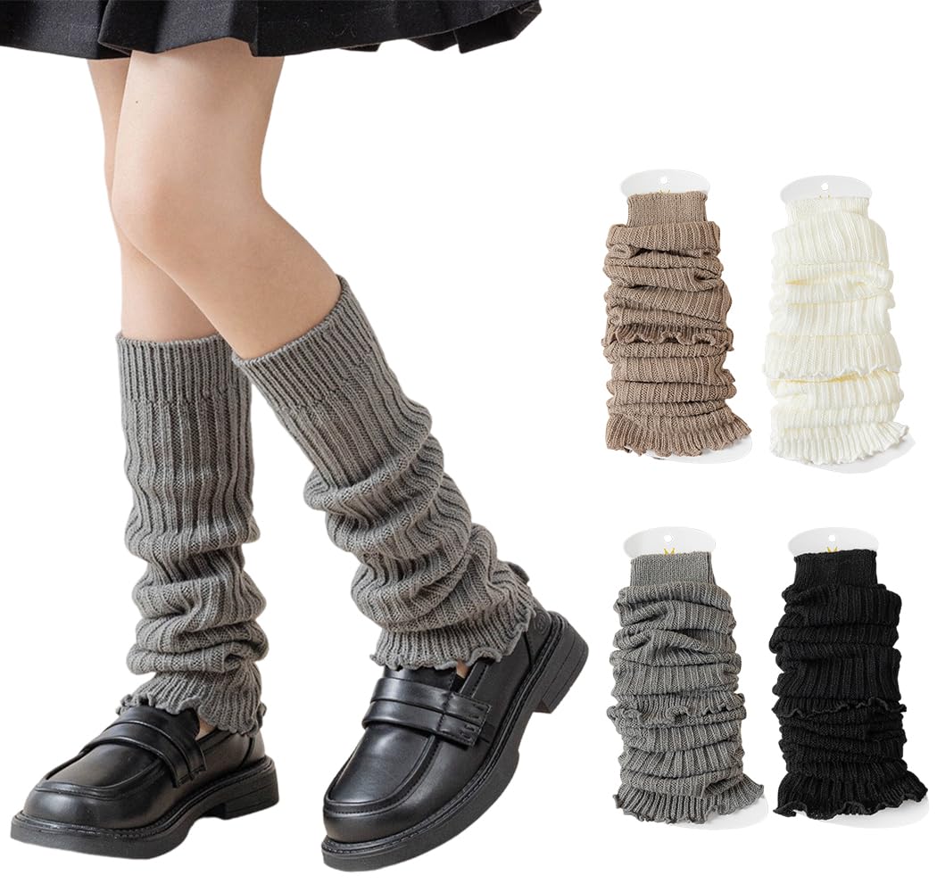 【送料無料】[ZGKULAEAOW] レッグウォーマー キッズ 2足セット シンプル ルーズソックス 子供 女の子 冷え対策 派手 ダンス衣装 暖かい フリーサイズ ママ揃い 40CM (白＋カーキ, 40CM)