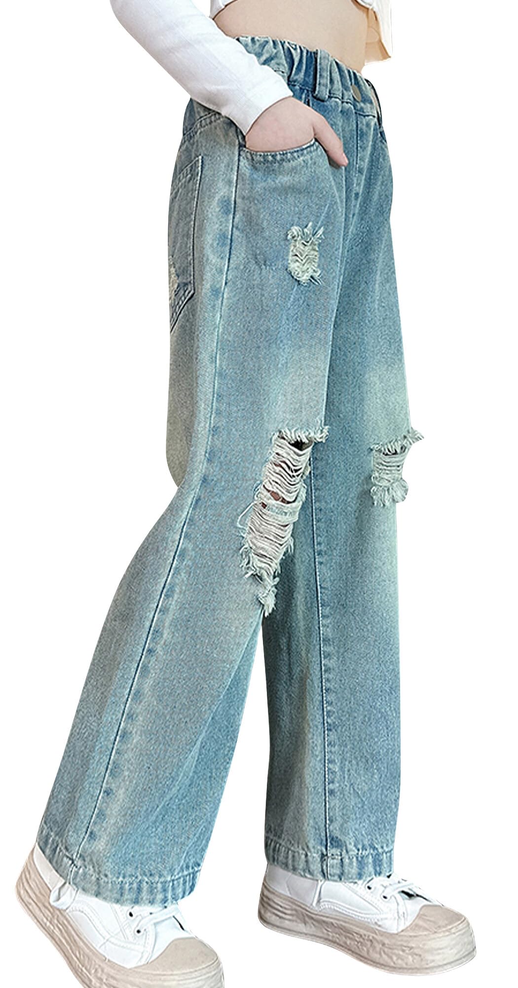 【送料無料】[Maeau] パンタロン 子供 ダメージジーンズ ズボン ジーンズ ロングパンツ キッズ 女の子 パンツ 学生 ポッケト デニム ワイドパンツ ジーパン ガールズ 150