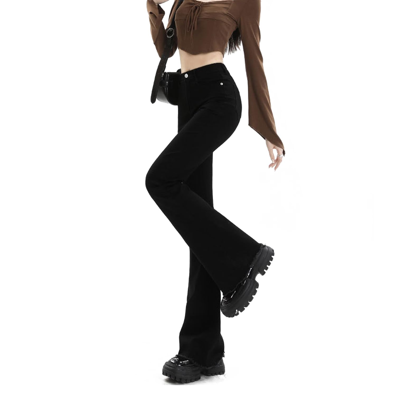 【送料無料】[VYOOU] デニム フレアパンツ レディース ジーンズ ハイウエスト 美脚 ロングパンツ カジュアルパンツ ストレッチ jeans （ブラック ，2XL