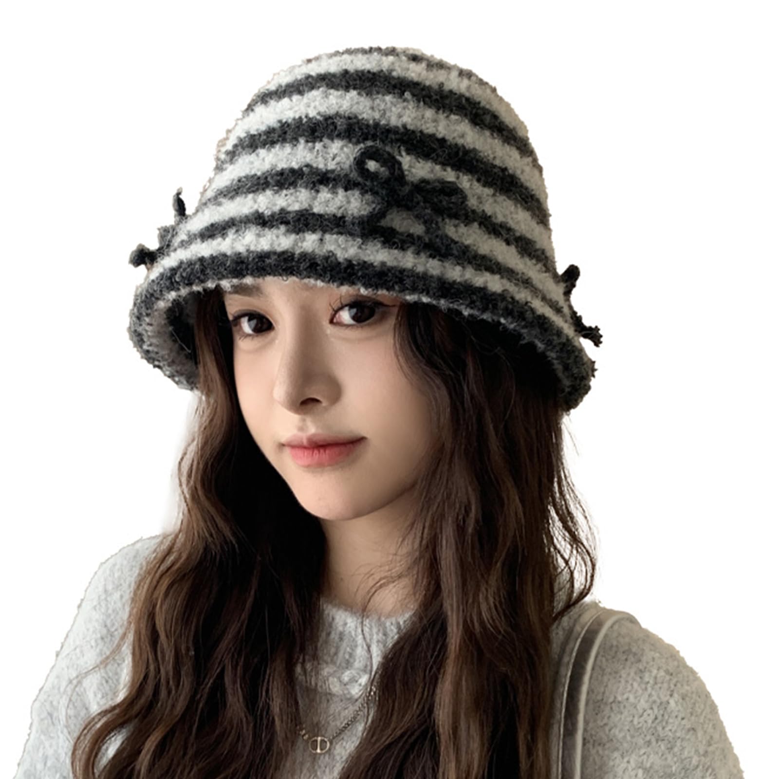 【送料無料】[Karsaer] ハット 帽子 レディース ふわふわ 暖かい 秋冬 ボーダー リボン 柔らかい すっぴん 小顔効果 クローシュ バケハ ふんわり かわいい 蝶結び バケットハットG0169