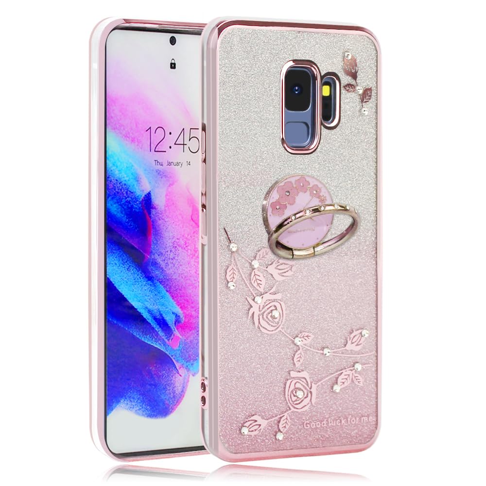 【送料無料】JOOBOY Galaxy s9 ケース SC-02K SCV38 カバー リング付き クリア キラキラ メッキ加工 花柄 ソフトケース TPU 薄型 おしゃれ かわいい 衝撃吸収 ブランド ギャラクシー S9 ケース 携帯カバー (ローズゴールド, Galaxy S9)