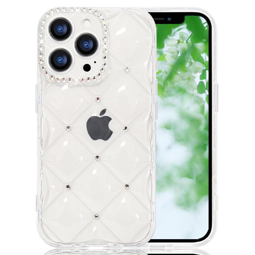 【送料無料】JOOBOY スマホケース iPhone15 Pro クリアケース かわいい キラキラ ブリンブリン 菱形 凹凸 ストーン ハードかばー 薄型 軽量 女性人気 キャラクター 滑り止め 指紋防止 ストラップホール付き 衝撃吸収 アイフォン15プロカバー (クリア, iPhone15 Pro)